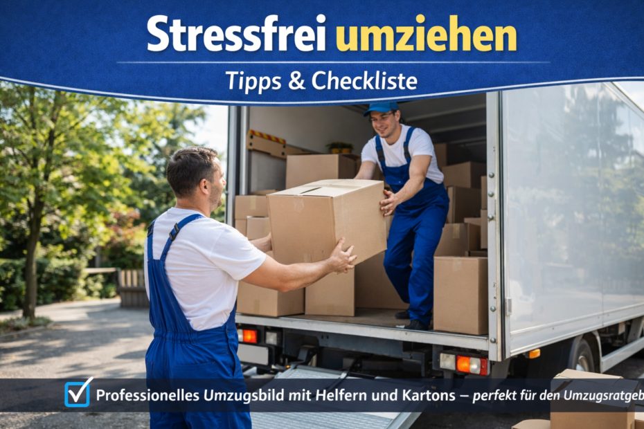 Umzugshelfer tragen Kartons in einen Transporter bei hellem Tageslicht