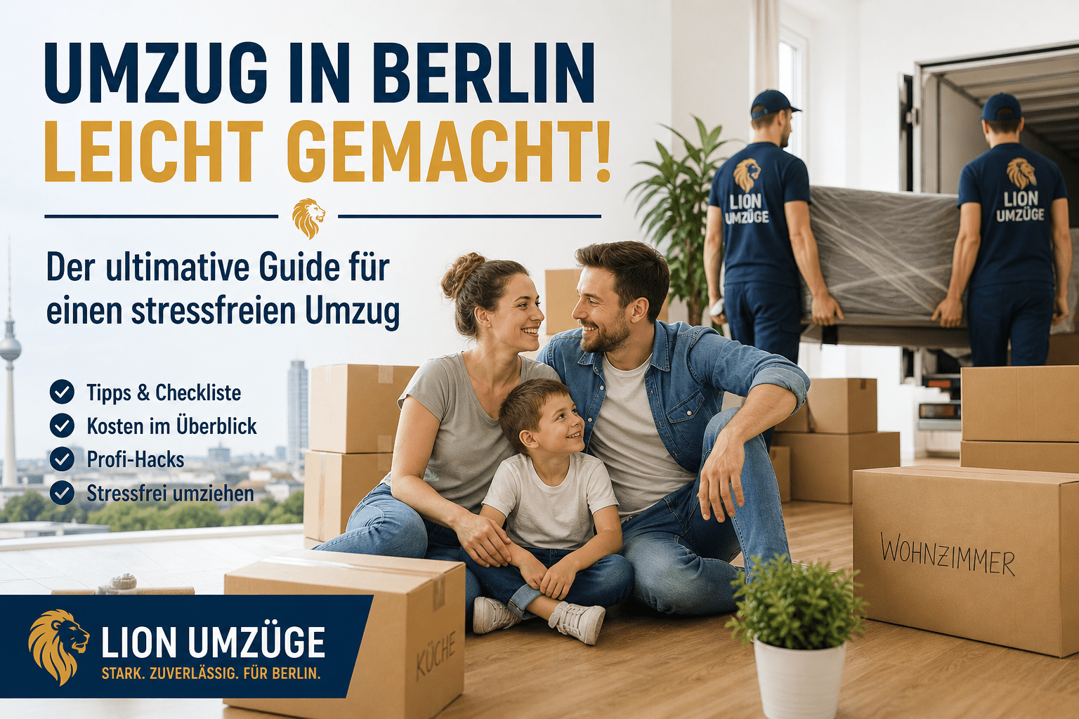 Familie beim Umzug in Berlin mit Umzugskartons und Möbeltransport