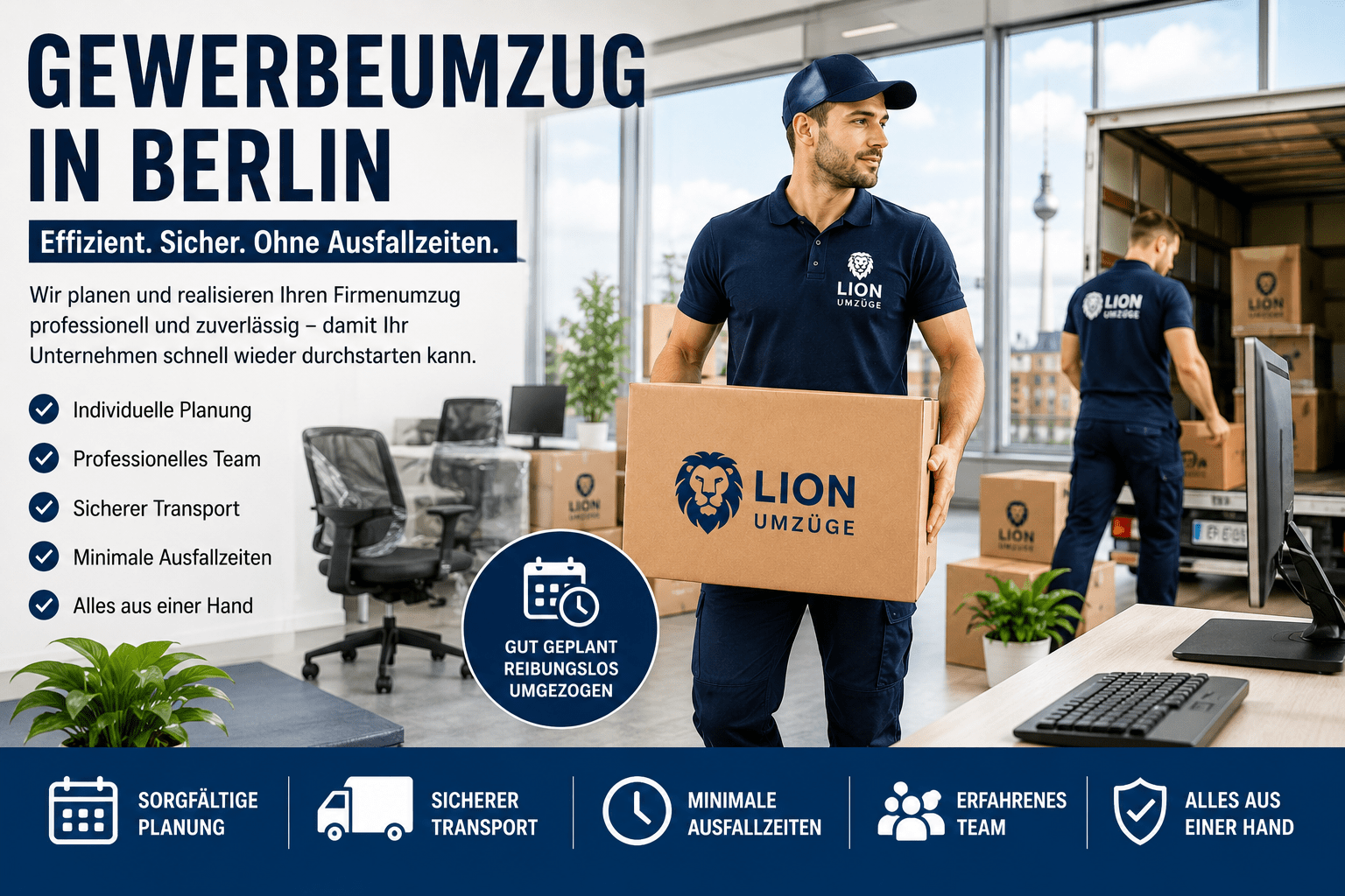 Professionelles Umzugsteam transportiert Büromöbel und Technik bei einem Firmenumzug in Berlin.