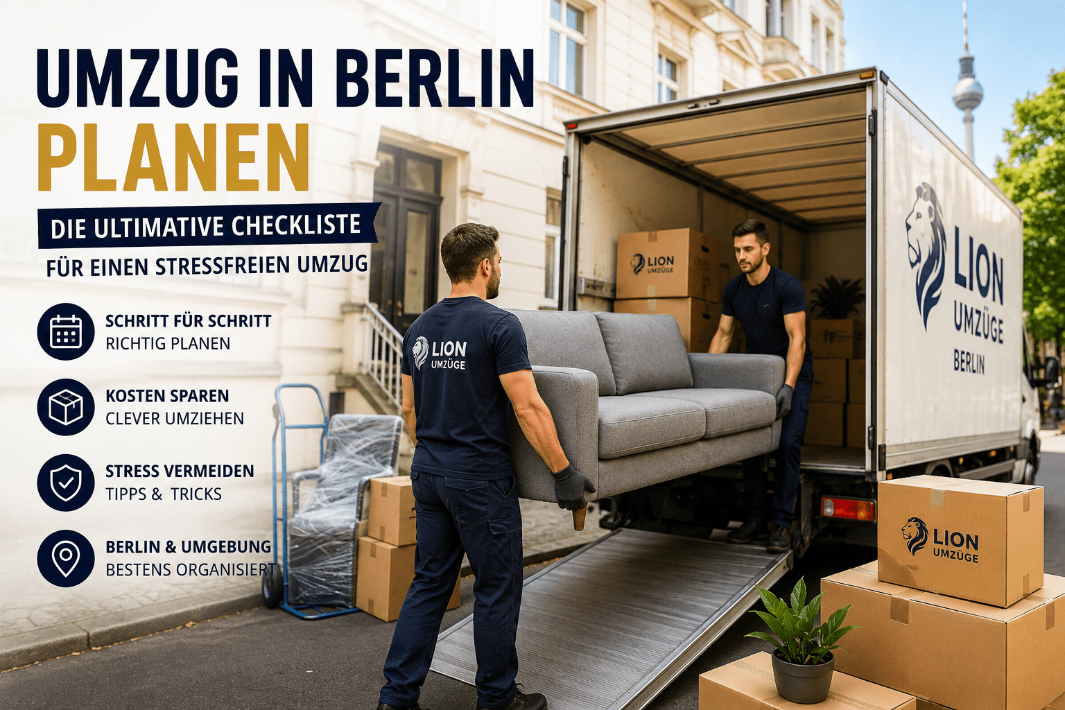 Professionelles Umzugsteam trägt Möbel in einen Umzugswagen vor einem Berliner Wohnhaus