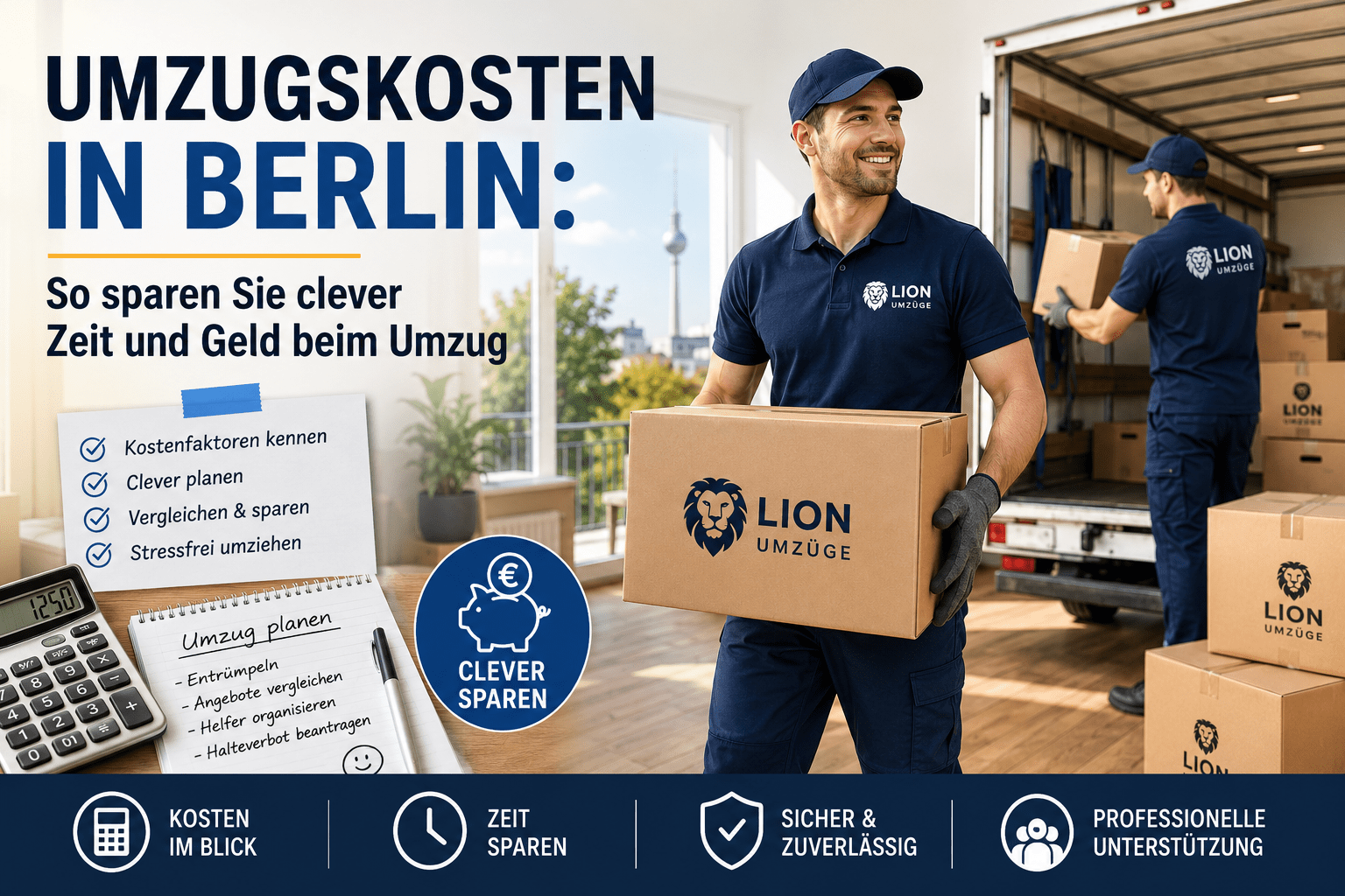 Professionelle Umzugshelfer transportieren Möbel und Kartons bei einem Umzug in Berlin.