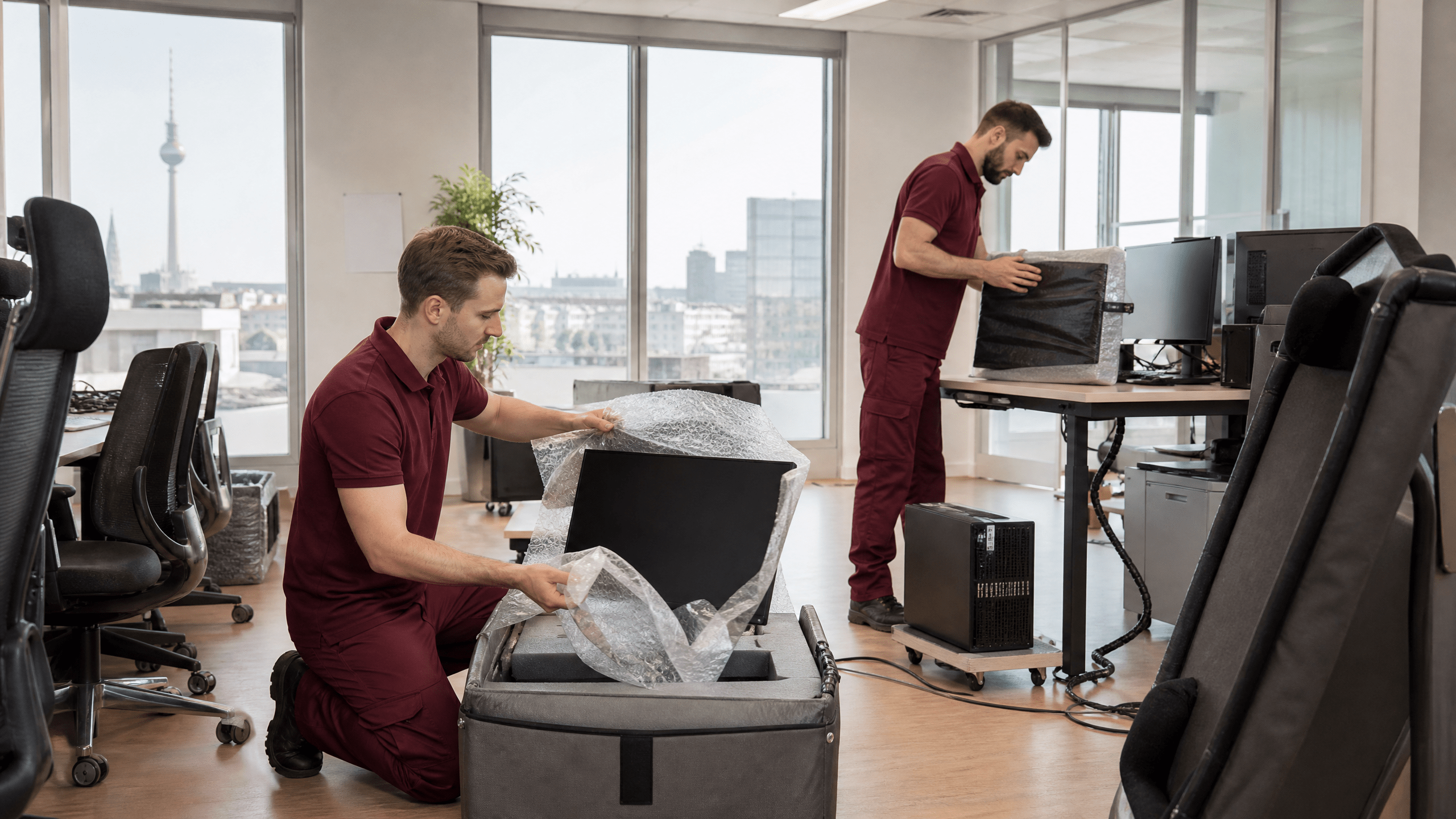 Professionelle Umzugshelfer in dunkelroter Arbeitskleidung verpacken sorgfältig Büromaterialien in stabilen Kartons, bereit für den sicheren Transport während eines Firmenumzugs.