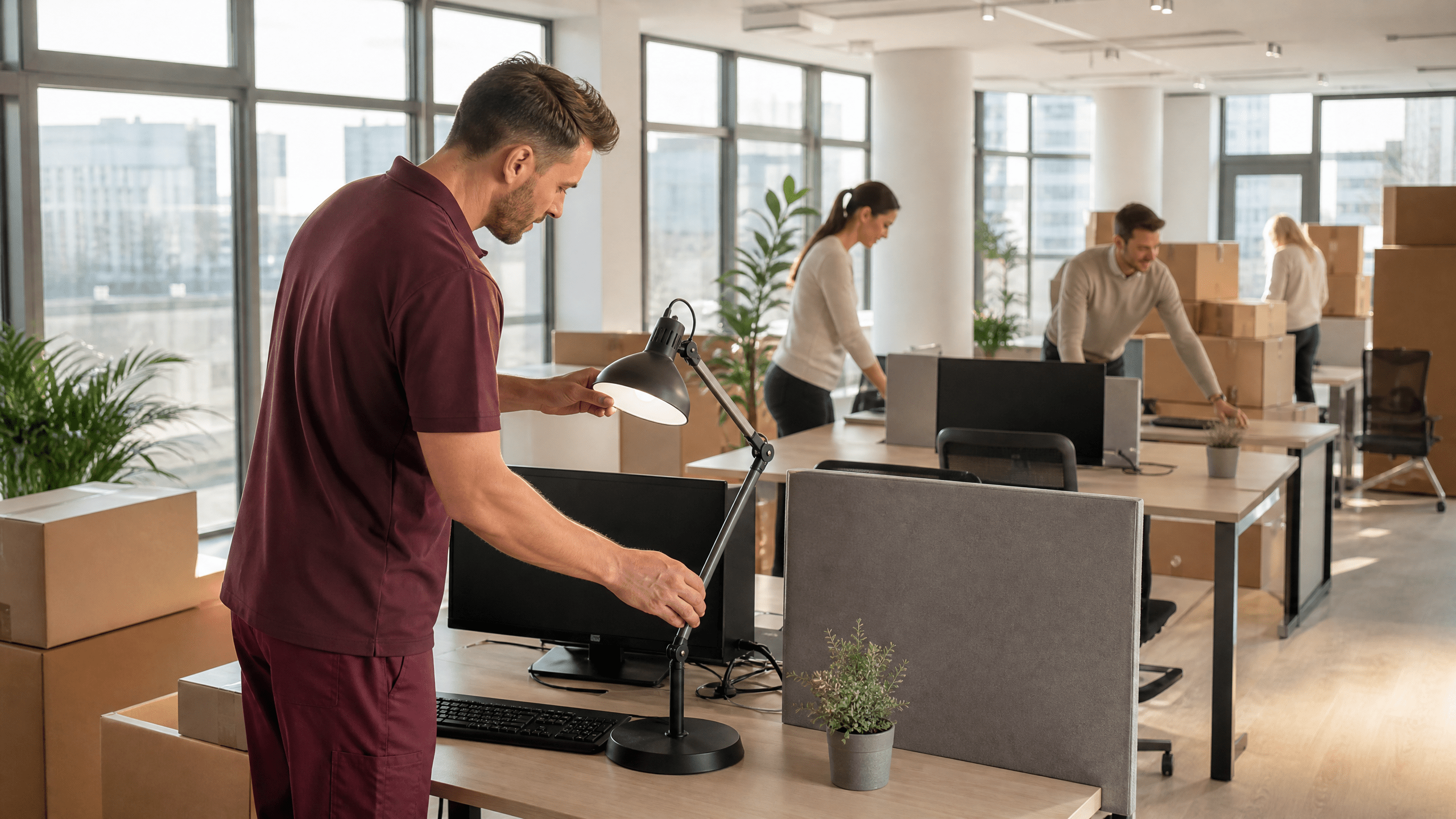 Ein Team von Umzugshelfern entlädt professionell Büromöbel und Kartons aus einem Umzugswagen vor einem modernen Bürogebäude in Berlin, symbolisierend einen erfolgreichen Wechsel.