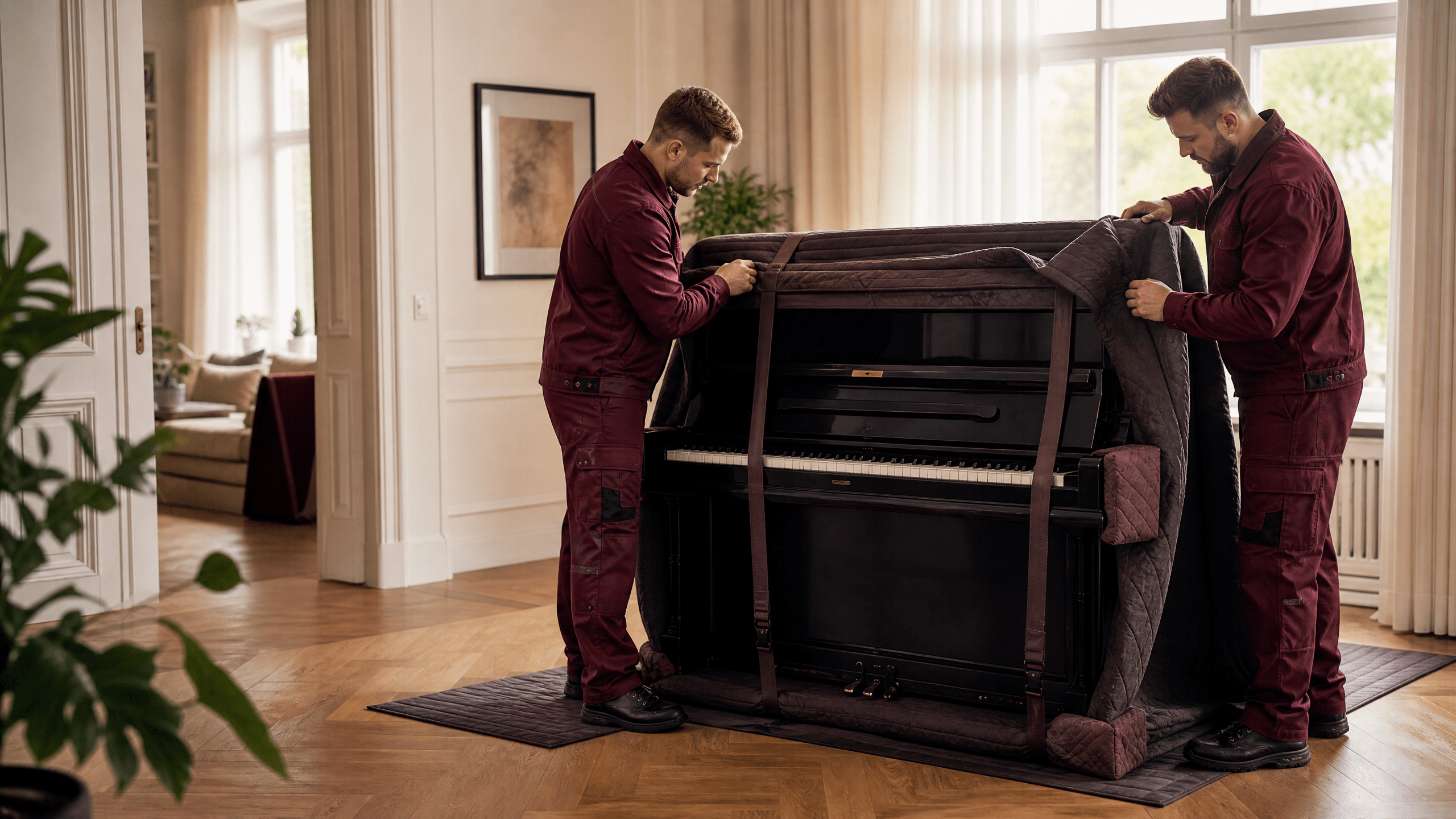 Umzugsfachkräfte sichern ein Klavier sorgfältig mit speziellen Gurten und Schutzdecken vor dem Transport in einer Berliner Wohnung. Umzugsfachkräfte sichern ein Klavier sorgfältig mit speziellen Gurten und Schutzdecken vor dem Transport in einer Berliner Wohnung.