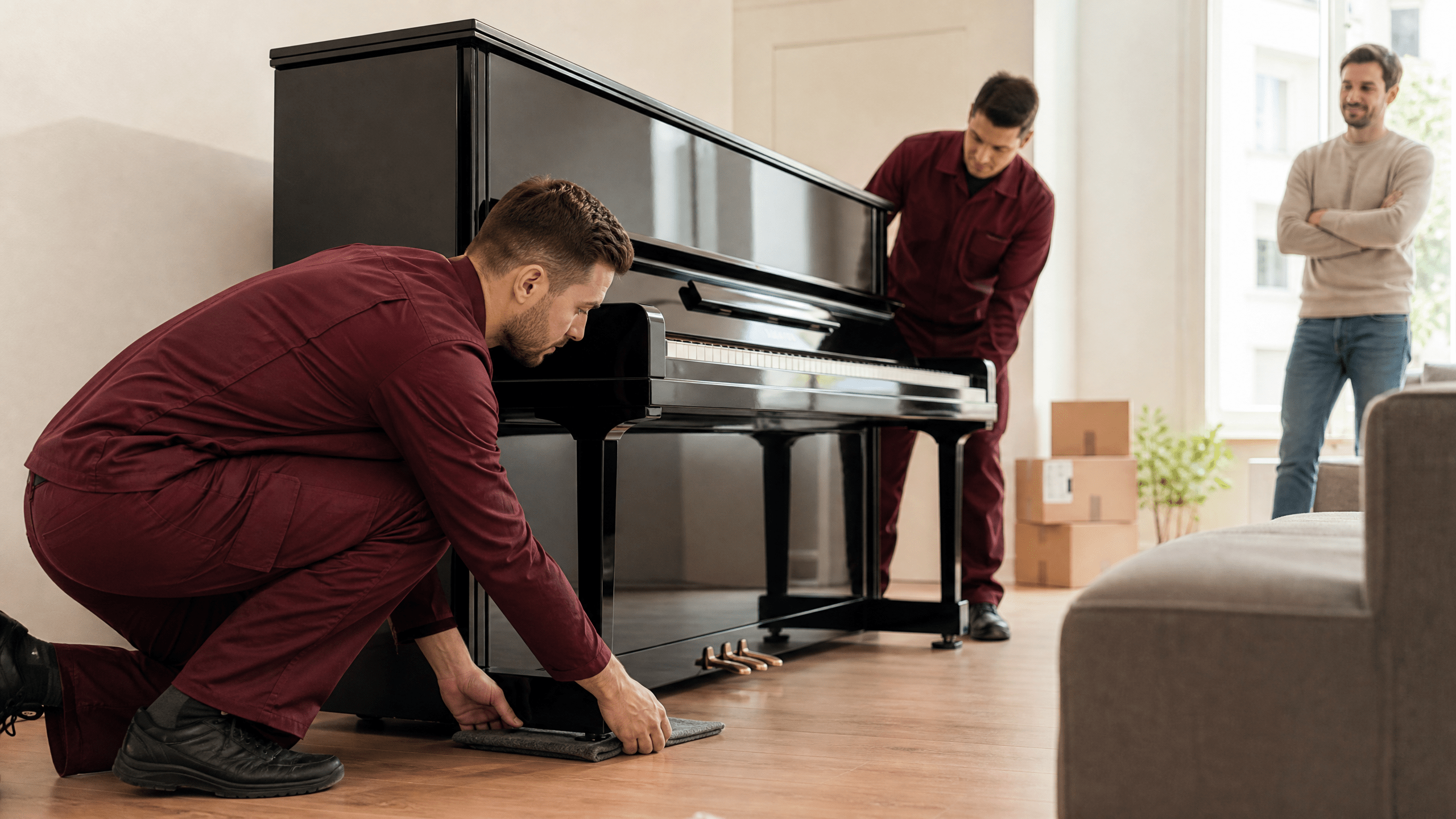 Ein Umzugsteam platziert ein Klavier behutsam im neuen Wohnzimmer, achtend auf den Schutz des Bodens und die finale Ausrichtung. Ein Umzugsteam platziert ein Klavier behutsam im neuen Wohnzimmer, achtend auf den Schutz des Bodens und die finale Ausrichtung.