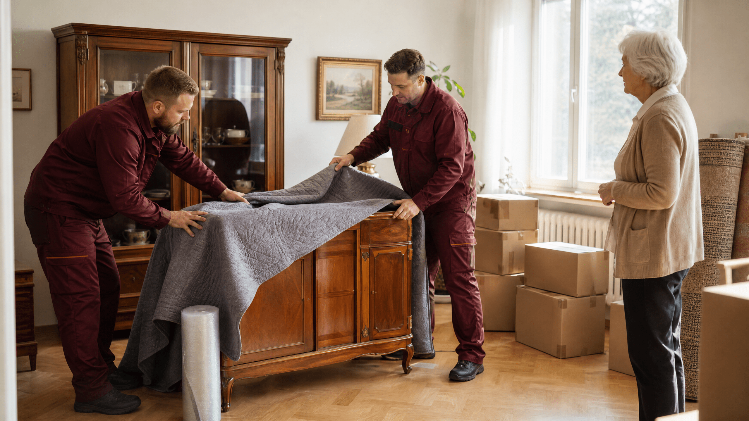Zwei Umzugshelfer tragen vorsichtig einen gepolsterten Sessel aus einer Berliner Wohnung, was den sicheren Transport von Möbeln zeigt.