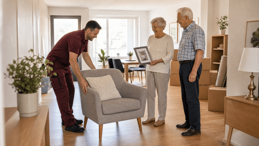 Eine ältere Dame lächelt zufrieden in ihrem neuen, hellen Wohnzimmer, während ein Umzugshelfer eine Kiste abstellt, was einen gelungenen Neuanfang darstellt.