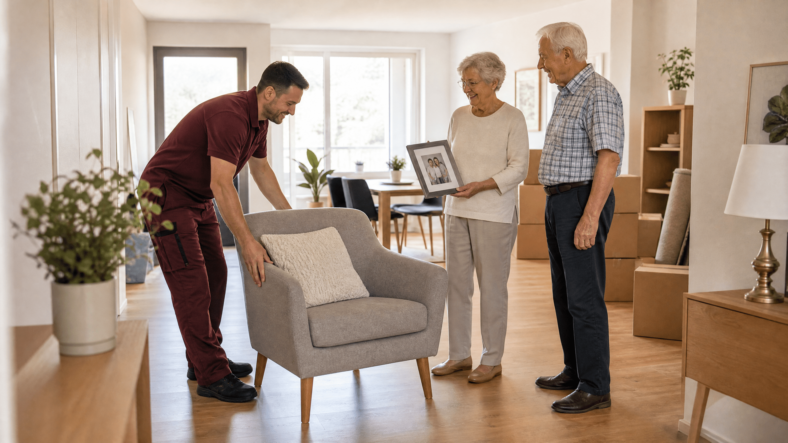 Eine ältere Dame lächelt zufrieden in ihrem neuen, hellen Wohnzimmer, während ein Umzugshelfer eine Kiste abstellt, was einen gelungenen Neuanfang darstellt.