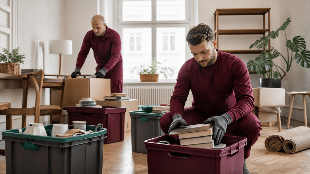 Ein freundlicher Mitarbeiter eines Berliner Umzugsunternehmens berät ein Paar in ihrer Wohnung über die bevorstehende Entrümpelung und Wohnungsauflösung.