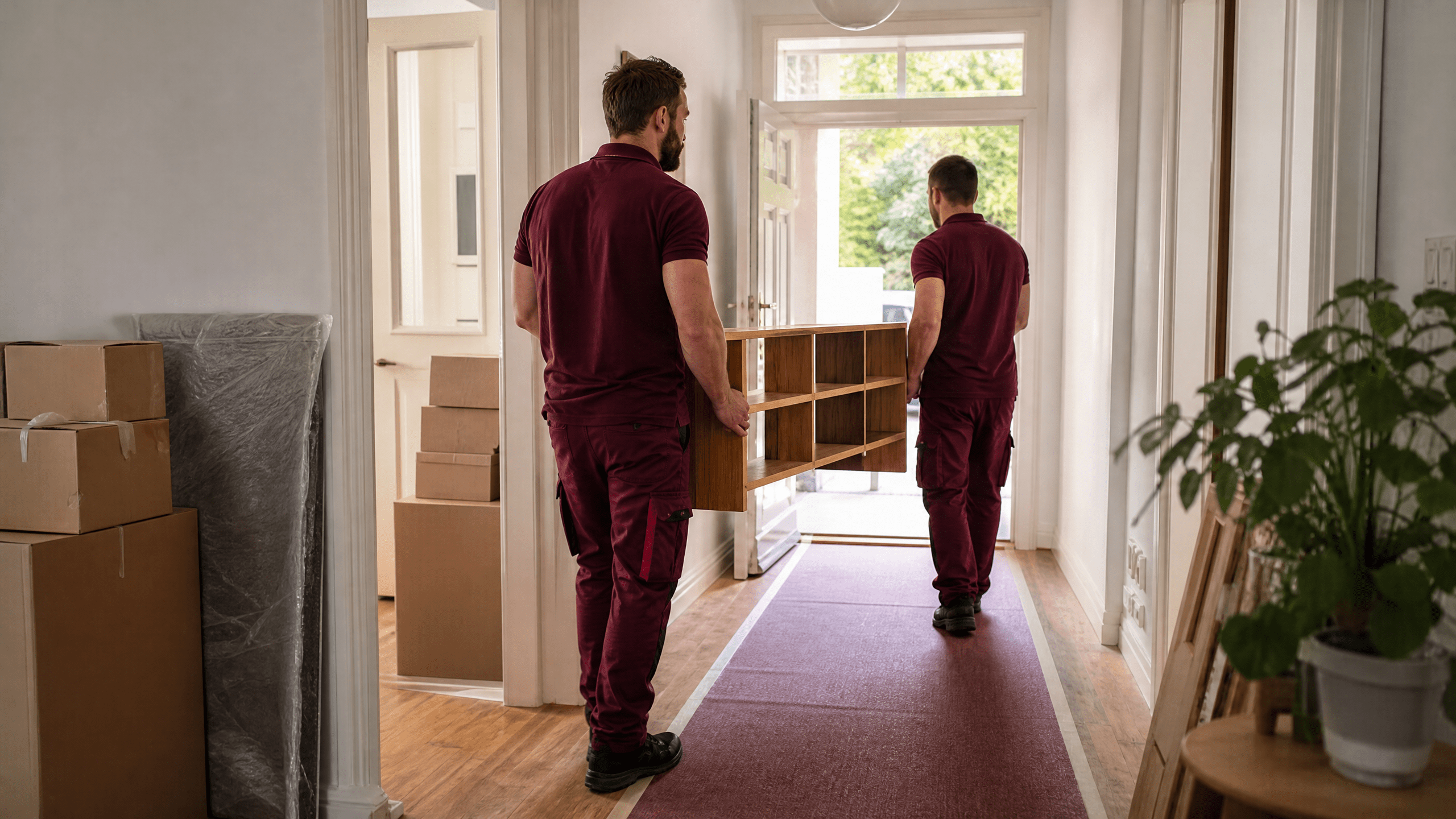 Zwei professionelle Mitarbeiter eines Berliner Umzugsunternehmens tragen vorsichtig Möbel aus einer Wohnung, während sie eine Entrümpelung durchführen. Zwei professionelle Mitarbeiter eines Berliner Umzugsunternehmens tragen vorsichtig Möbel aus einer Wohnung, während sie eine Entrümpelung durchführen.