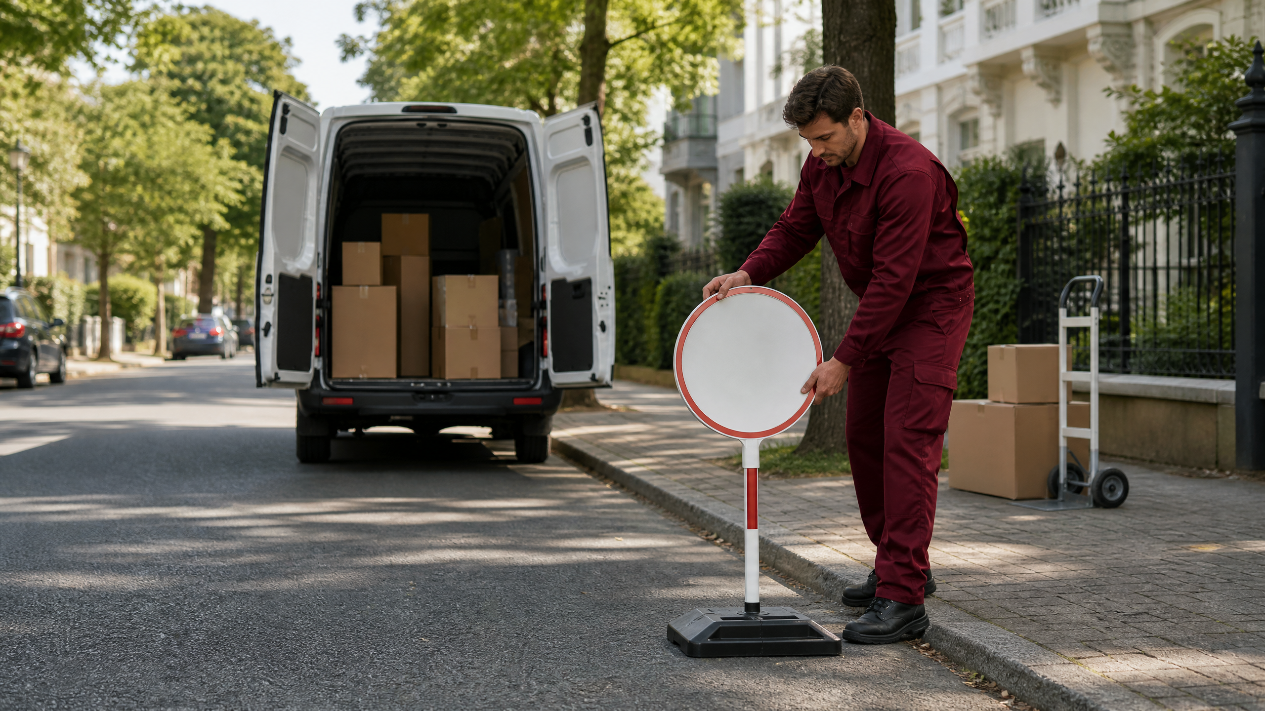 Umzugshelfer stellen professionell Halteverbotsschilder in einer Berliner Straße auf, um eine reibungslose Zufahrt zu gewährleisten.