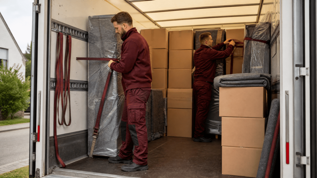 Professionelle Umzugshelfer tragen vorsichtig verpackte Kartons aus einer Berliner Wohnung zu einem Umzugswagen, der für einen Fernumzug bereitsteht.