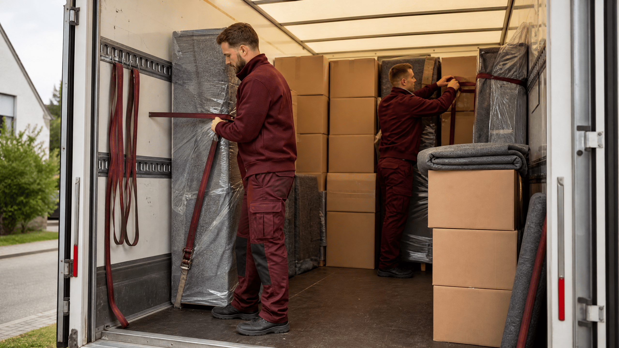 Professionelle Umzugshelfer tragen vorsichtig verpackte Kartons aus einer Berliner Wohnung zu einem Umzugswagen, der für einen Fernumzug bereitsteht. Professionelle Umzugshelfer tragen vorsichtig verpackte Kartons aus einer Berliner Wohnung zu einem Umzugswagen, der für einen Fernumzug bereitsteht.
