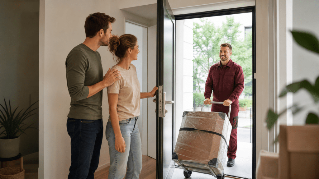 Eine Familie steht lächelnd vor ihrem neuen Zuhause in einer anderen Stadt, während Umzugshelfer die letzten Kartons entladen.