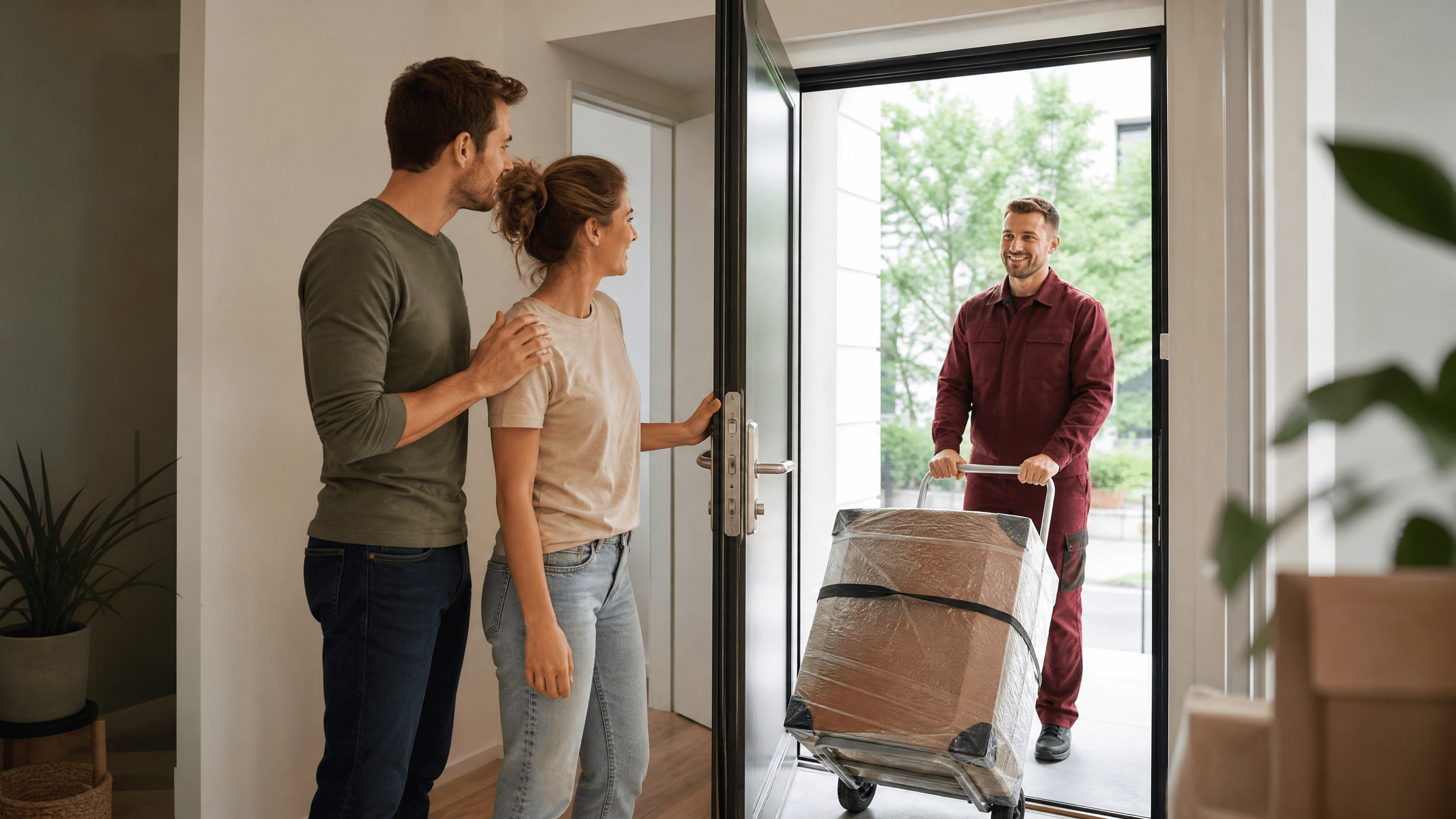 Eine Familie steht lächelnd vor ihrem neuen Zuhause in einer anderen Stadt, während Umzugshelfer die letzten Kartons entladen. Eine Familie steht lächelnd vor ihrem neuen Zuhause in einer anderen Stadt, während Umzugshelfer die letzten Kartons entladen.
