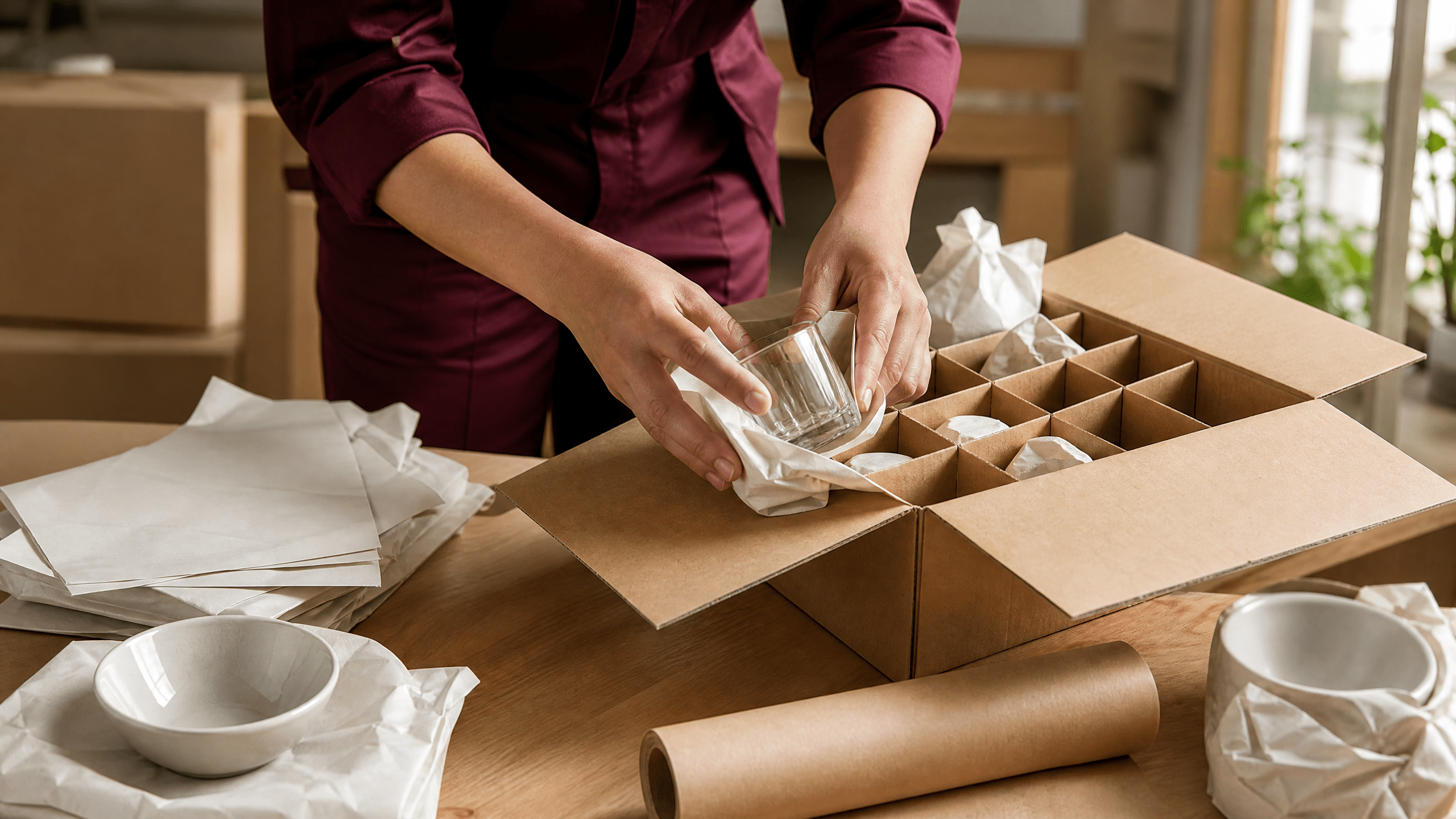 Nahaufnahme von Händen, die zerbrechliches Geschirr sorgfältig in Packpapier wickeln, bereit für den Umzugskarton.