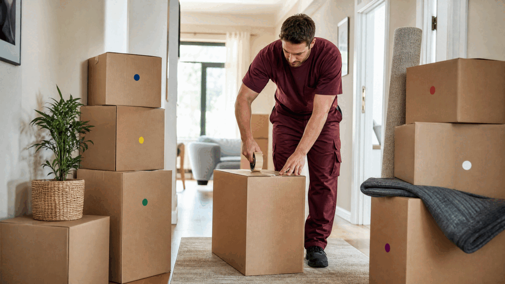 Labelled moving boxes neatly stacked in a room, ready for transport, with a removal worker in the background.