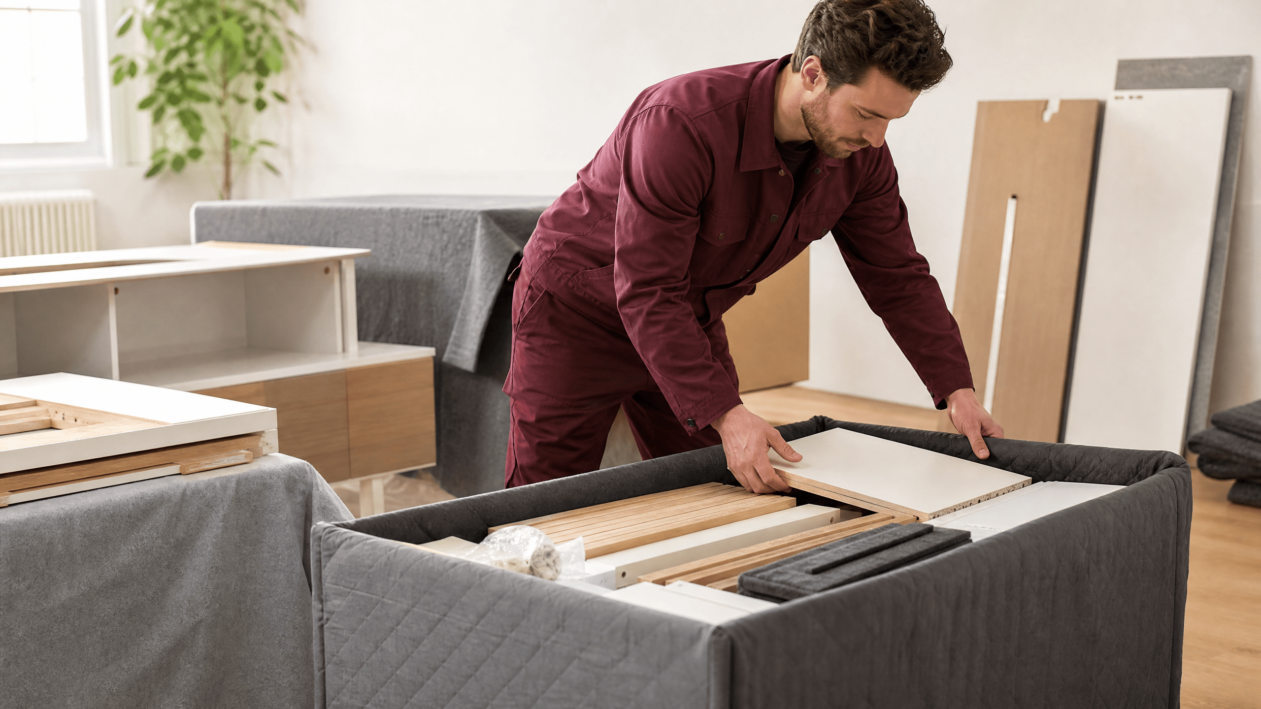 Eine Person versucht, ein komplexes Möbelstück selbst zusammenzubauen, umgeben von Werkzeugen und einer Anleitung. Eine Person versucht, ein komplexes Möbelstück selbst zusammenzubauen, umgeben von Werkzeugen und einer Anleitung.