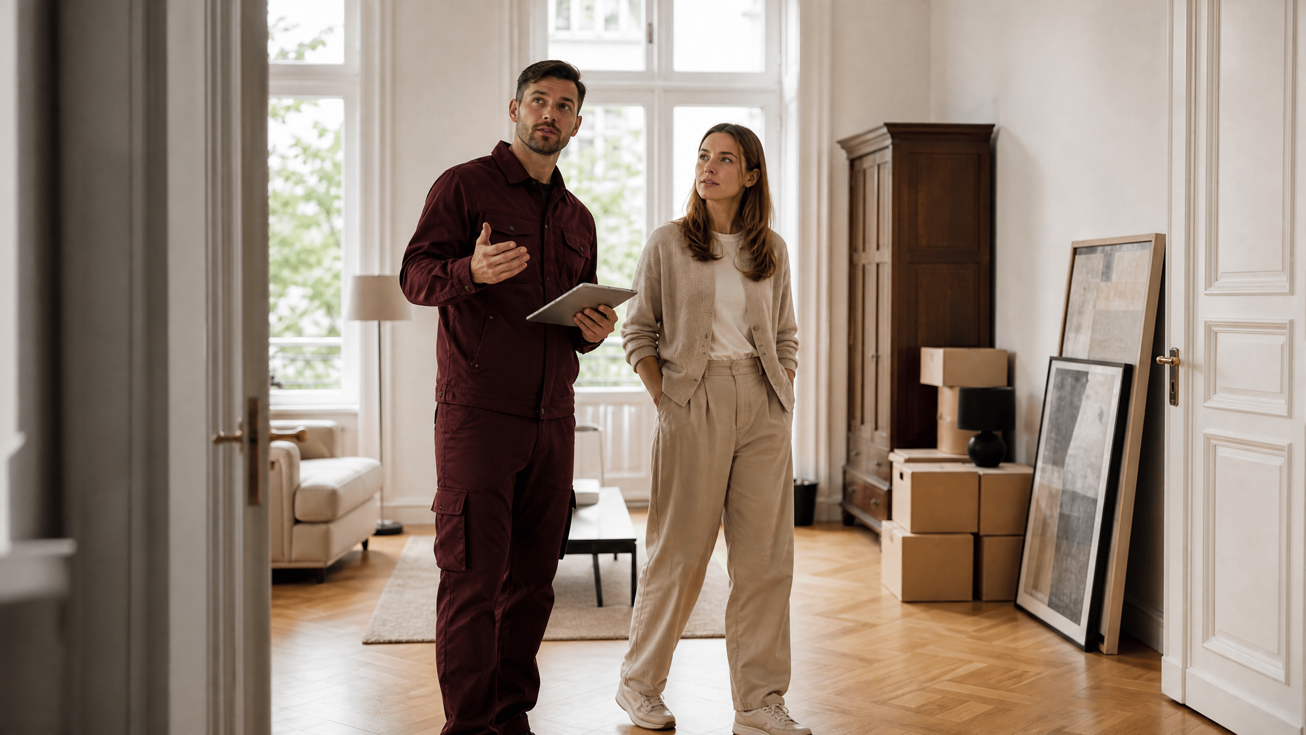 Ein professioneller Umzugsberater bespricht detailliert Umzugspläne mit einer Kundin in einem modernen Berliner Büro. Ein professioneller Umzugsberater bespricht detailliert Umzugspläne mit einer Kundin in einem modernen Berliner Büro.