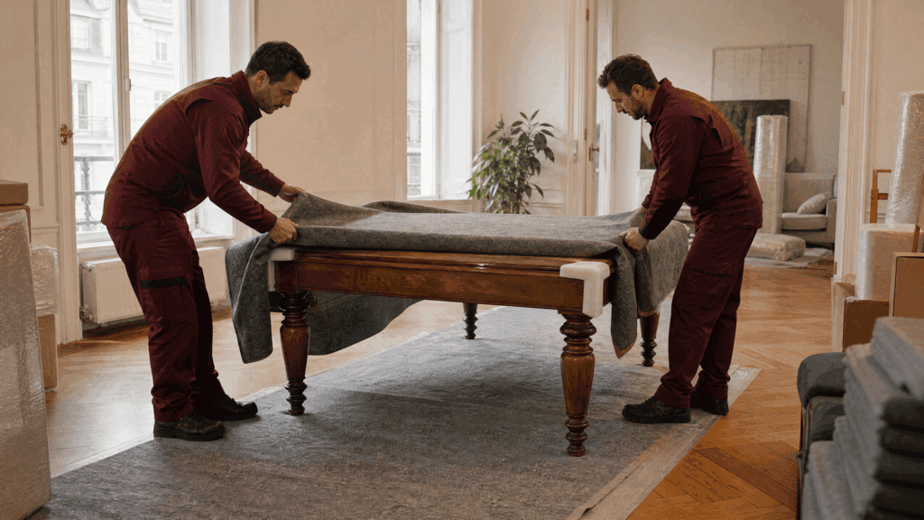 A removal team carefully packs crockery and fragile items into moving boxes in a Berlin flat.