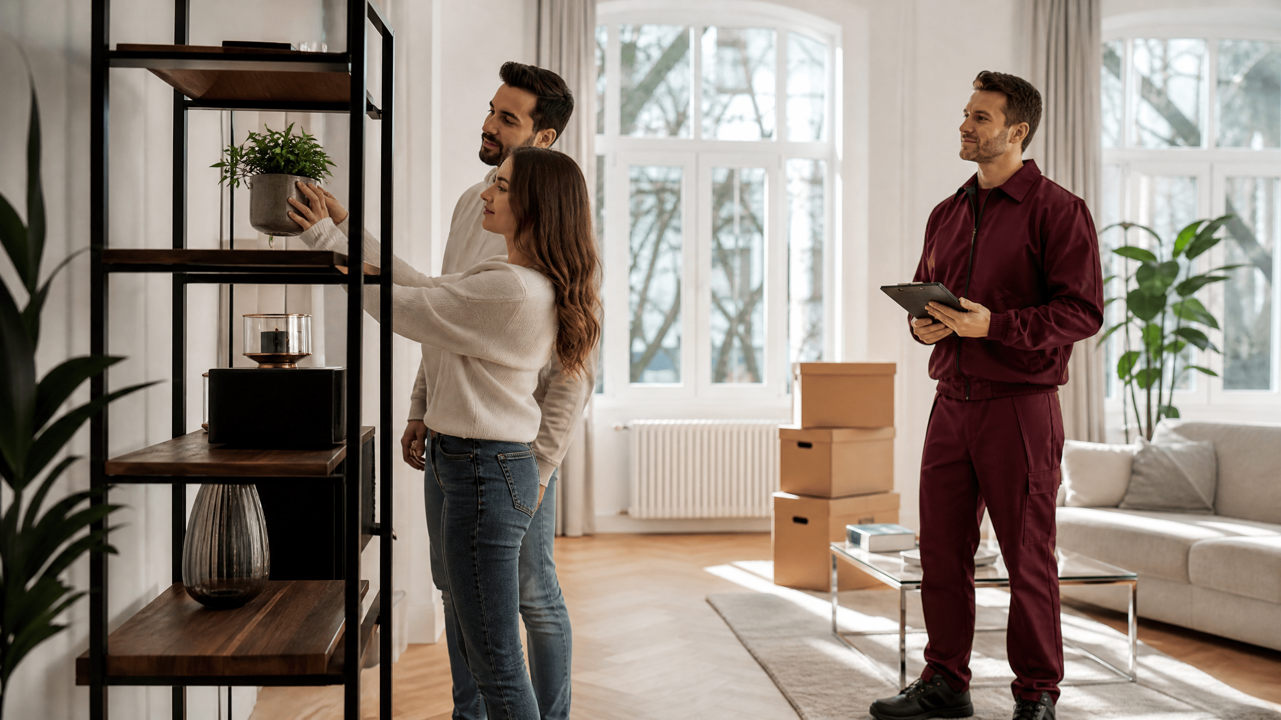 Zwei Umzugshelfer tragen ein Sofa in eine neue, helle und freundliche Wohnung in Berlin Charlottenburg. Zwei Umzugshelfer tragen ein Sofa in eine neue, helle und freundliche Wohnung in Berlin Charlottenburg.