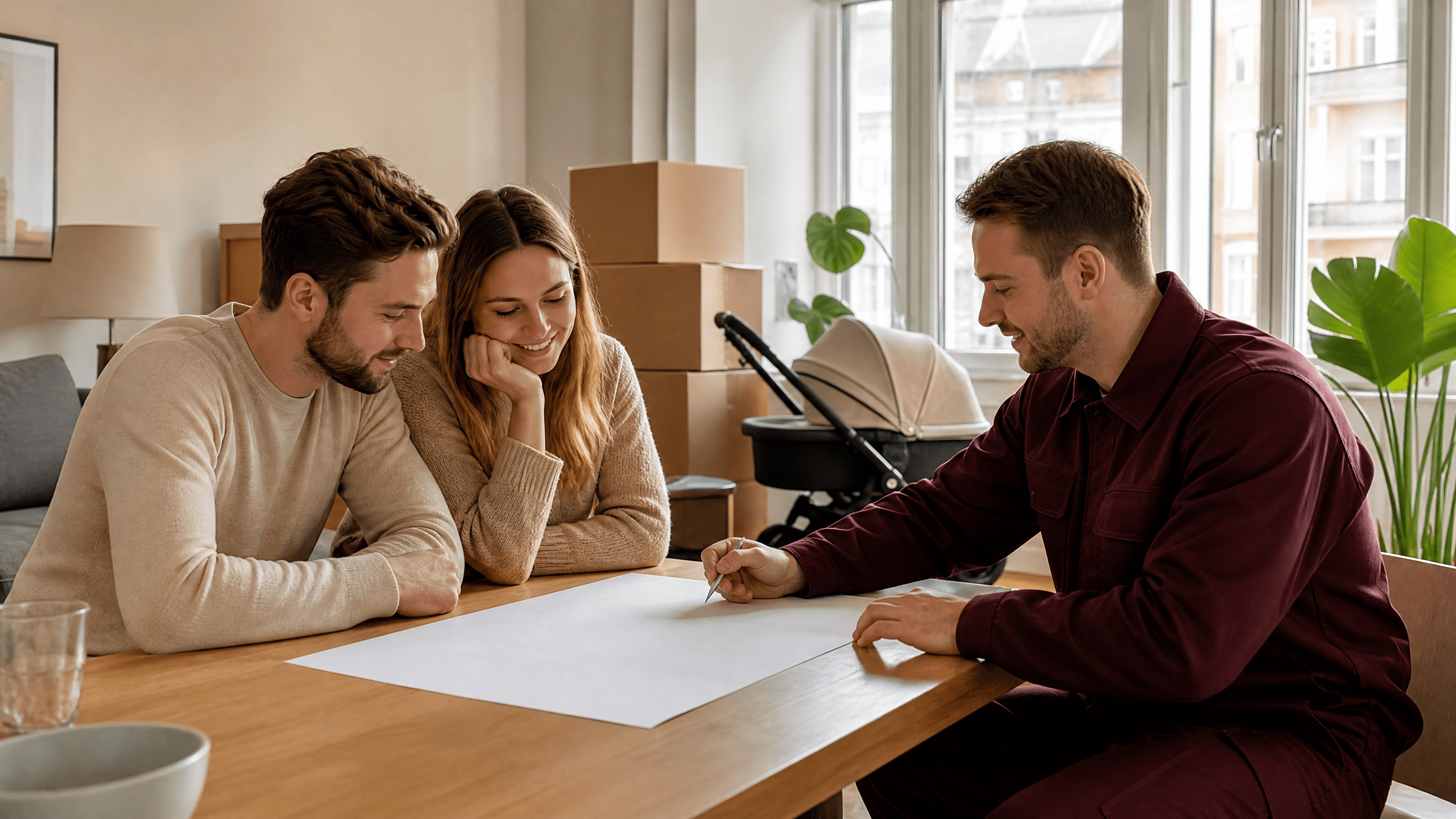 Professionelle Umzugshelfer packen sorgfältig Umzugskartons in einer hellen Berliner Wohnung, symbolisierend eine stressfreie Vorbereitung. Professionelle Umzugshelfer packen sorgfältig Umzugskartons in einer hellen Berliner Wohnung, symbolisierend eine stressfreie Vorbereitung.