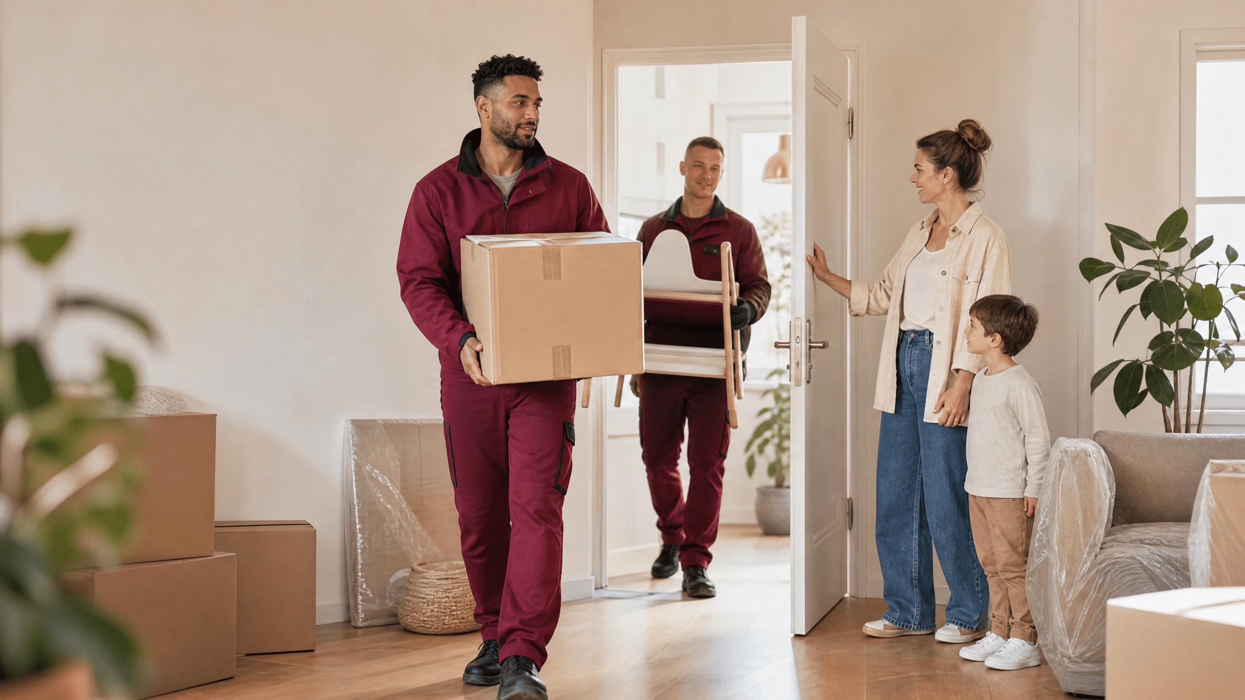 Zwei Umzugshelfer tragen sicher und professionell einen verpackten Gegenstand aus einem Berliner Wohnhaus, Fokus auf Teamarbeit. Zwei Umzugshelfer tragen sicher und professionell einen verpackten Gegenstand aus einem Berliner Wohnhaus, Fokus auf Teamarbeit.