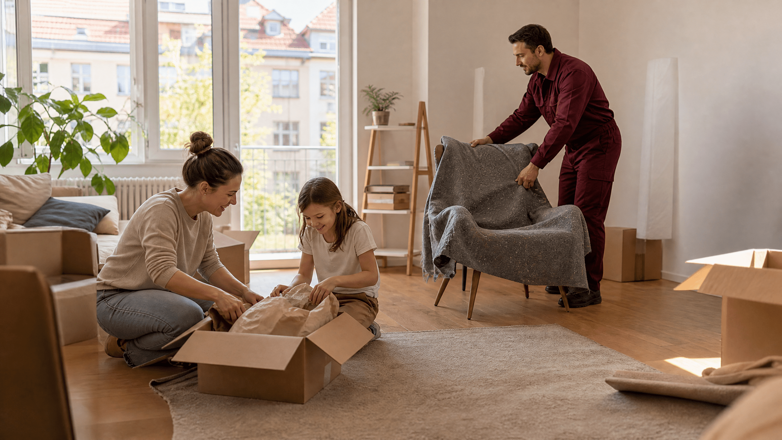 Eine Familie entspannt in ihrer neuen, hellen Wohnung in Berlin Prenzlauer Berg, umgeben von ausgepackten Kartons und einem Gefühl der Ankunft. Eine Familie entspannt in ihrer neuen, hellen Wohnung in Berlin Prenzlauer Berg, umgeben von ausgepackten Kartons und einem Gefühl der Ankunft.