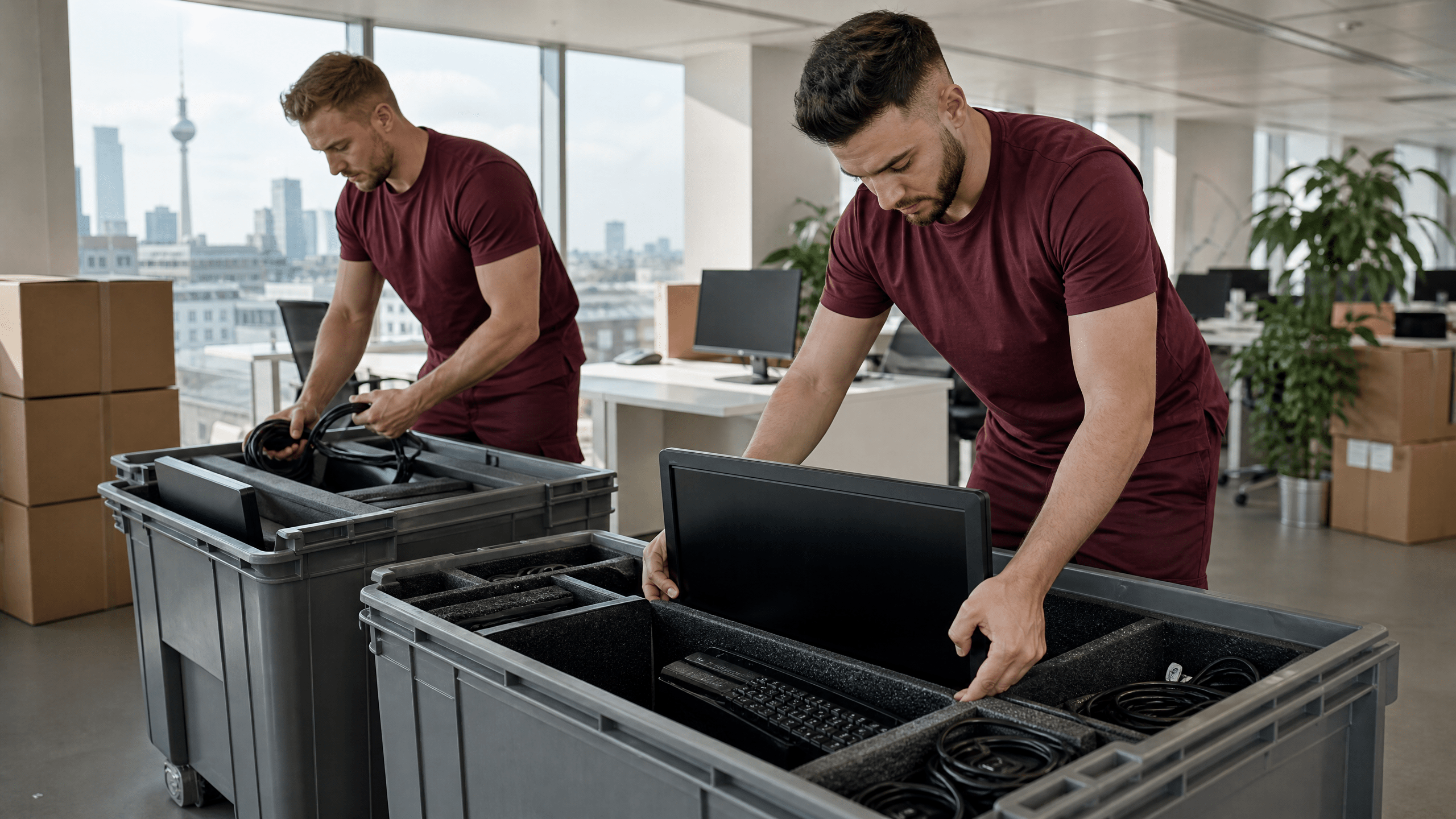 Ein professionelles Team bespricht detaillierte Pläne für einen reibungslosen Büroumzug in Berlin, um Ausfallzeiten zu minimieren.