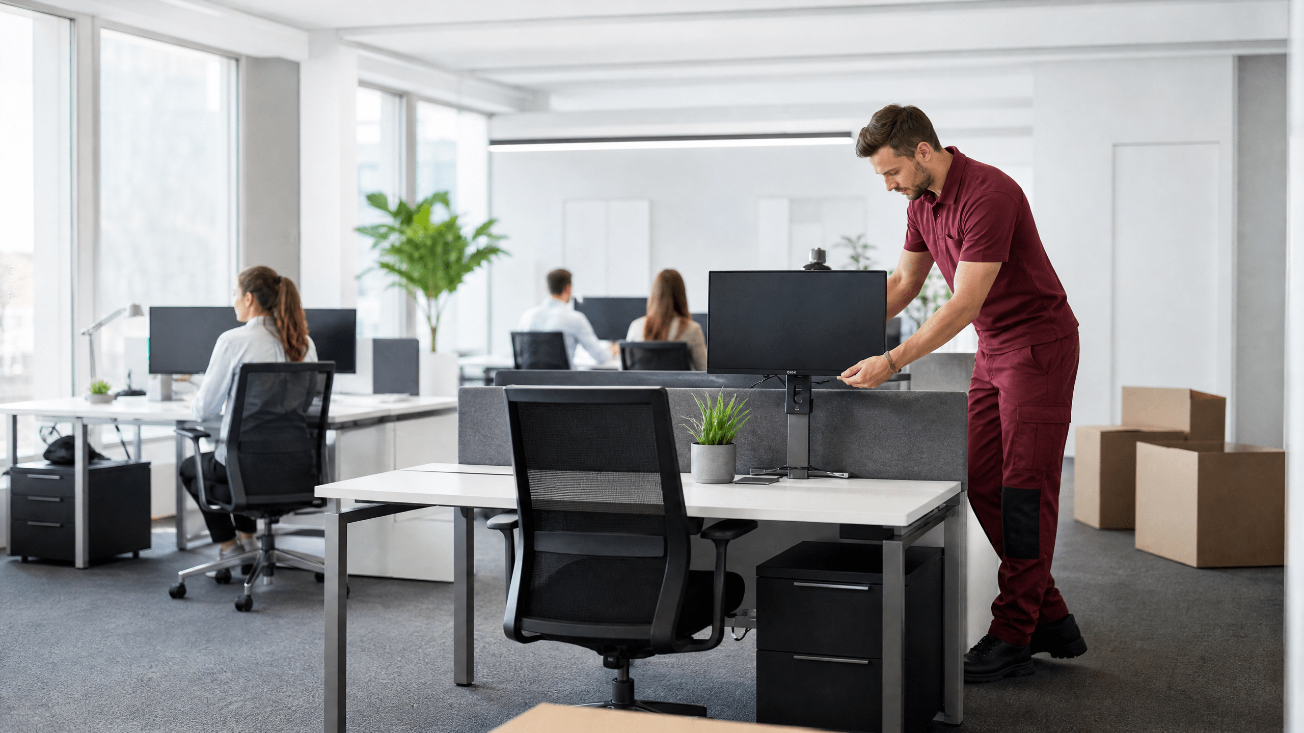Ein neu eingerichtetes Büro in Berlin, das die erfolgreiche und schnelle Wiederaufnahme der Arbeit nach einem professionellen Umzug symbolisiert.