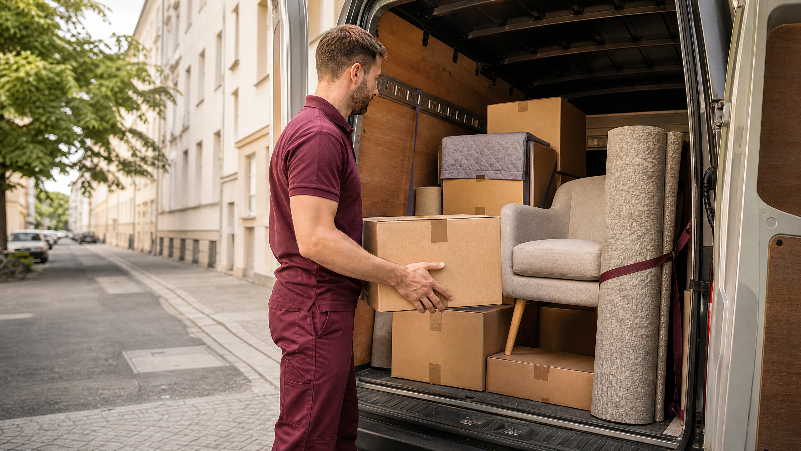 Umzugshelfer laden sorgfältig verpackte Kartons in einen Transporter, symbolisierend effiziente Beiladung in Berlin. Umzugshelfer laden sorgfältig verpackte Kartons in einen Transporter, symbolisierend effiziente Beiladung in Berlin.