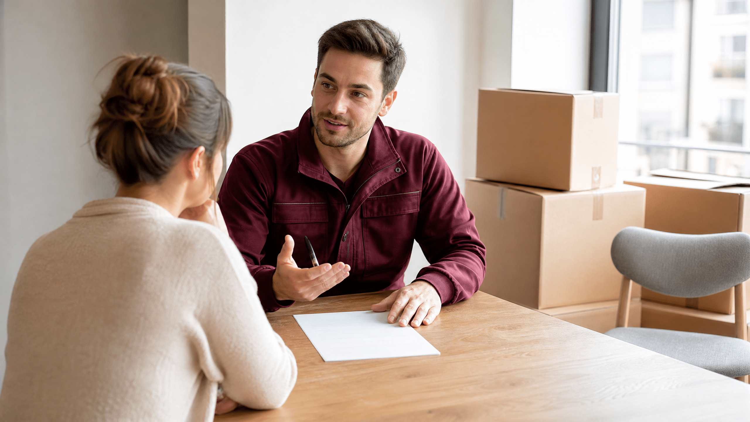 Eine Person bespricht mit einem Umzugsberater die Details einer Beiladung, um Kosten zu sparen und effizient zu planen. Eine Person bespricht mit einem Umzugsberater die Details einer Beiladung, um Kosten zu sparen und effizient zu planen.