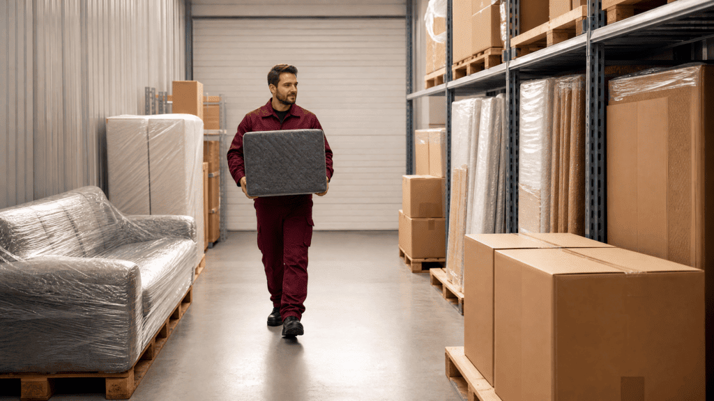 Removal workers carefully carrying well-packed furniture into a modern, clean storage unit in Berlin.
