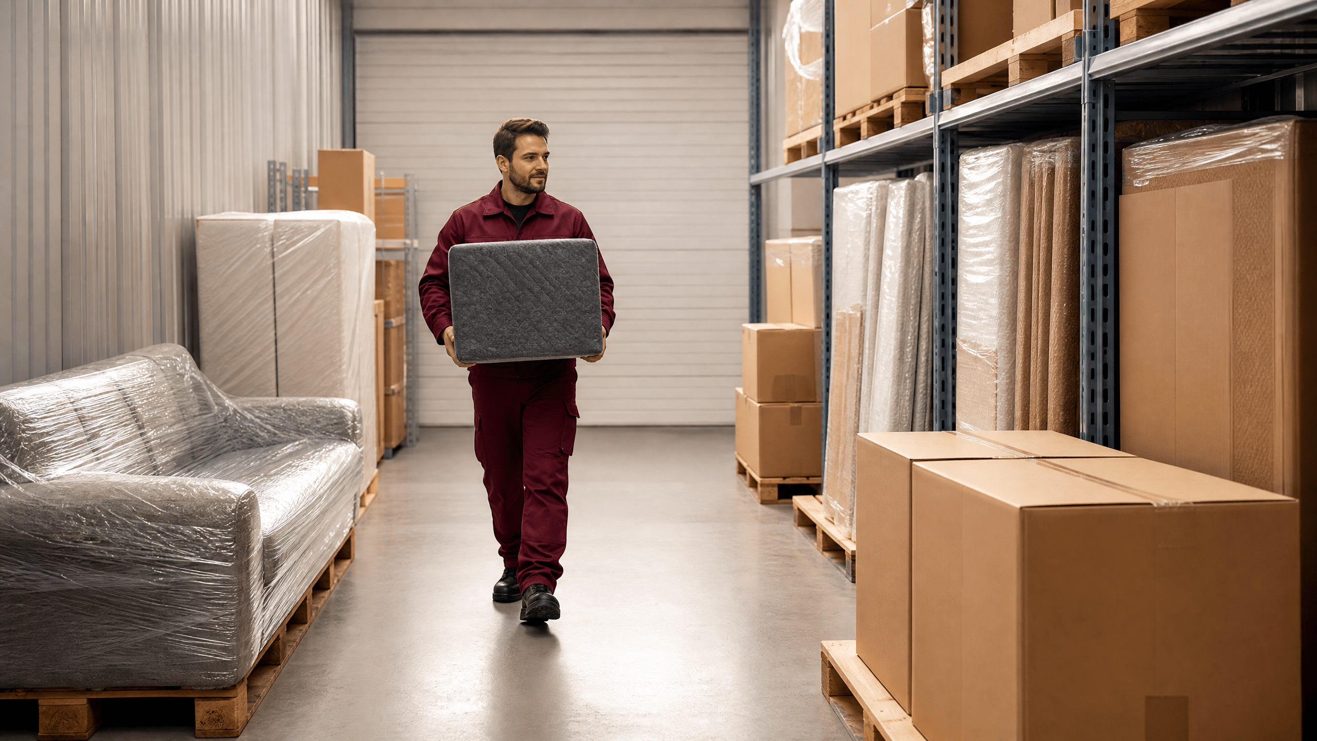 Umzugshelfer tragen sorgfältig verpackte Möbel in eine moderne, saubere Lagereinheit in Berlin. Umzugshelfer tragen sorgfältig verpackte Möbel in eine moderne, saubere Lagereinheit in Berlin.
