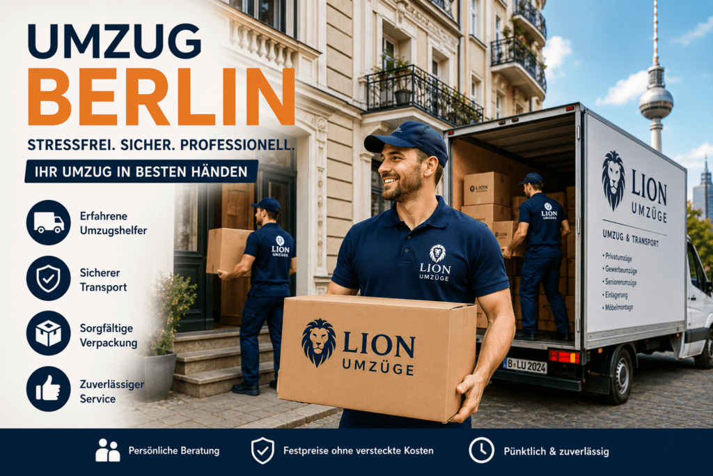 Professionelles Umzugsteam beim sicheren Transport von Möbeln und Kartons vor einem Berliner Altbau.