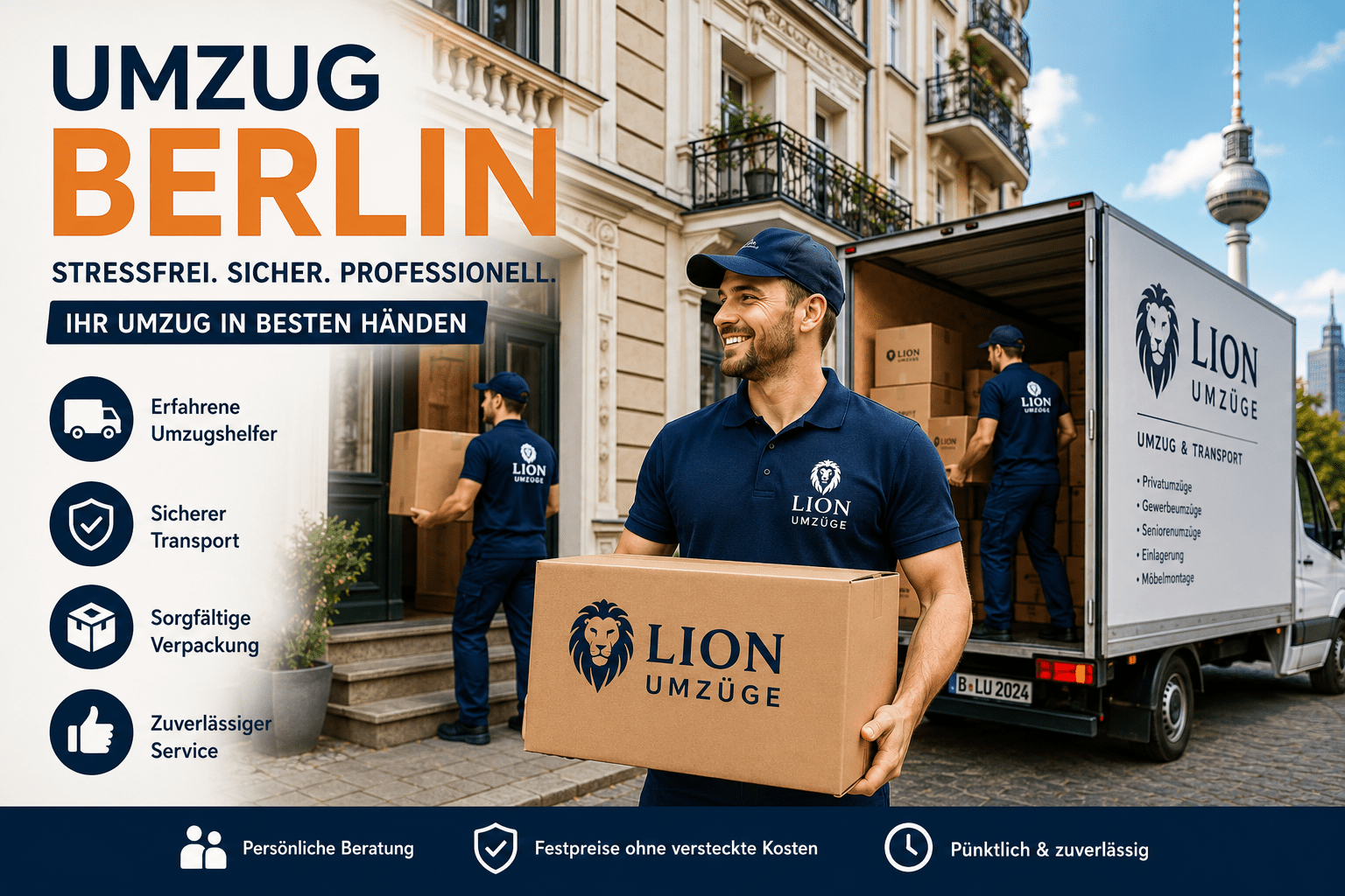 Professionelles Umzugsteam beim sicheren Transport von Möbeln und Kartons vor einem Berliner Altbau.