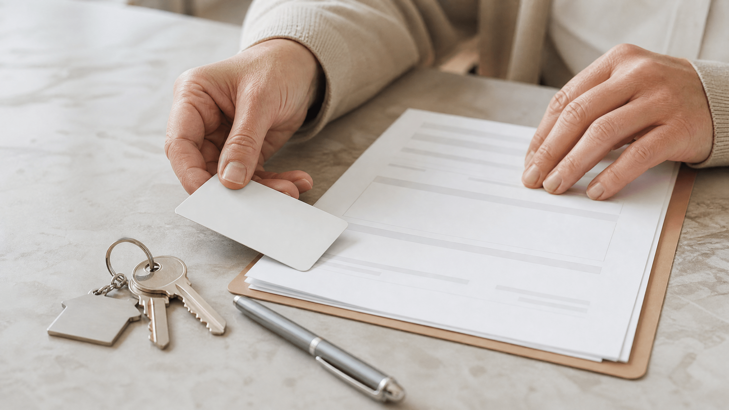 Hände legen Ausweisdokumente, Wohnungsunterlagen, Schlüssel und Stift für die Anmeldung bereit.