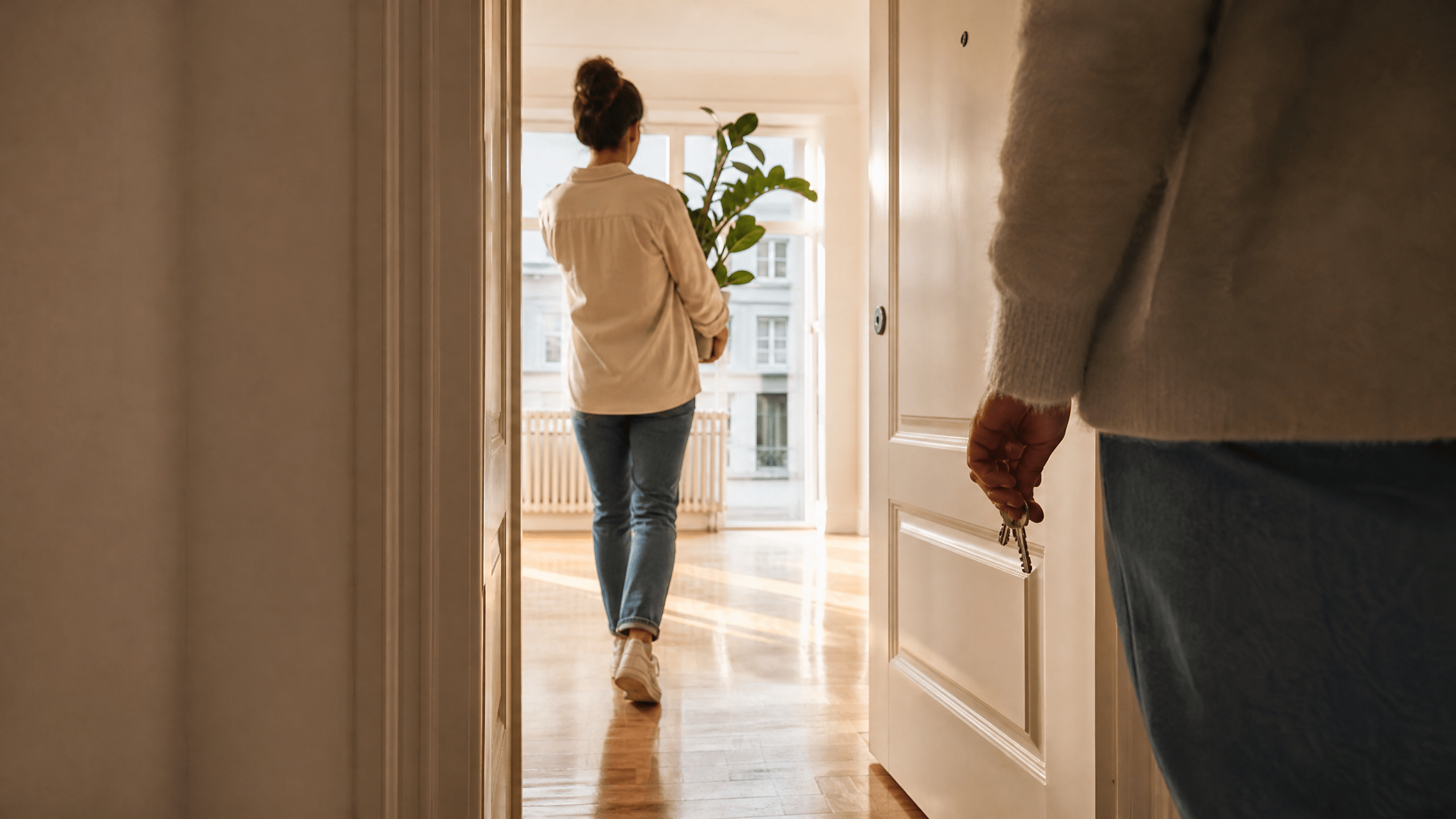 Person trägt eine Zimmerpflanze in eine helle neue Wohnung, während eine zweite Person Schlüssel hält.