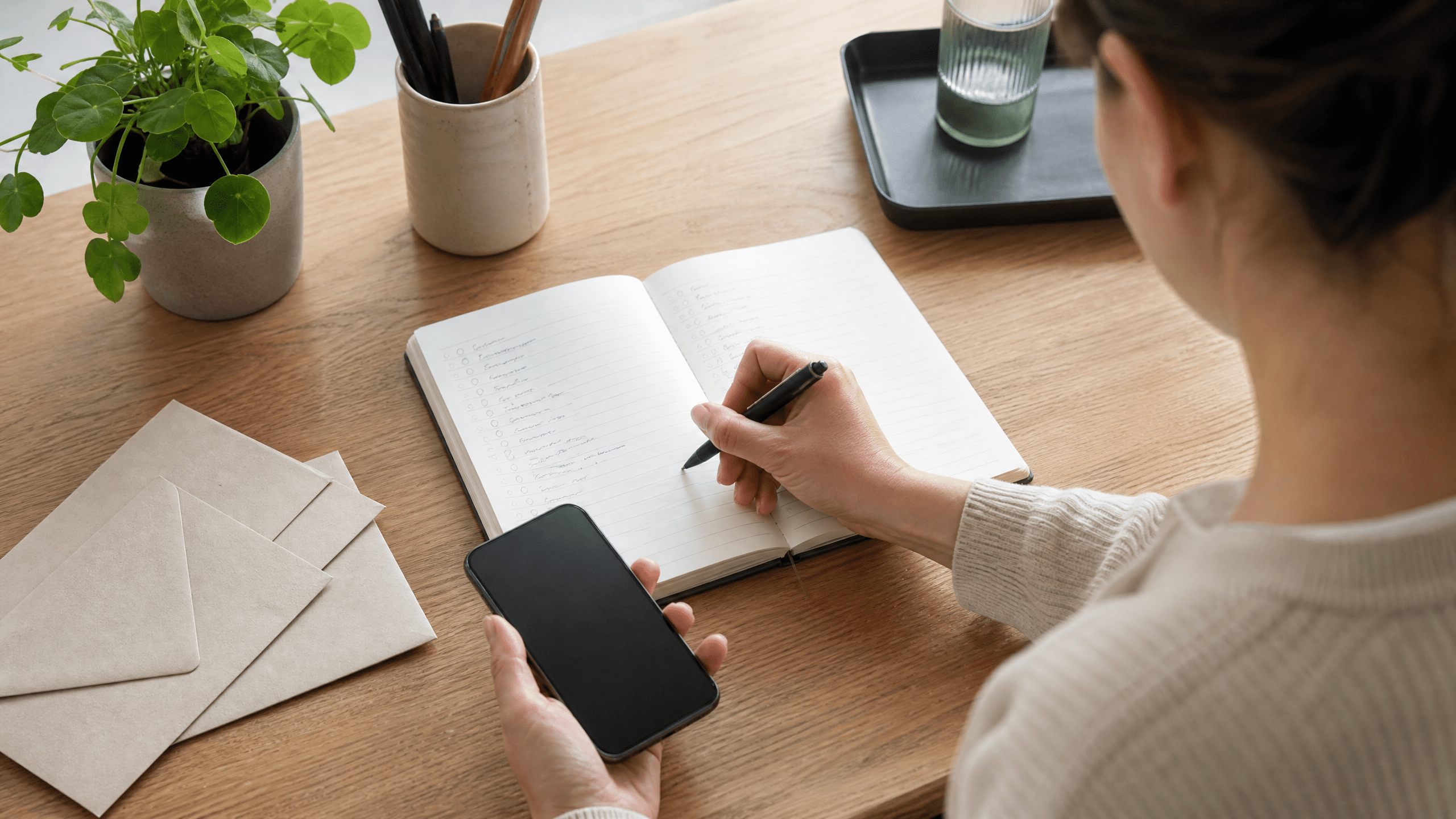 Person aktualisiert Kontaktadressen in einem Notizbuch neben neutralen Briefumschlägen. Person aktualisiert Kontaktadressen in einem Notizbuch neben neutralen Briefumschlägen.