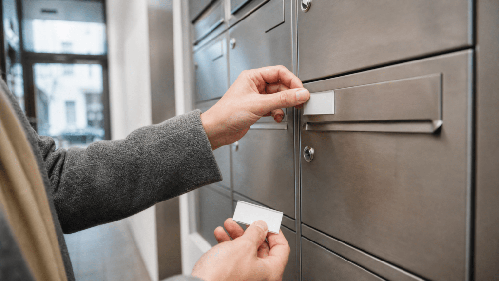 Person erneuert einen neutralen Namenseinleger an einem modernen Briefkasten.