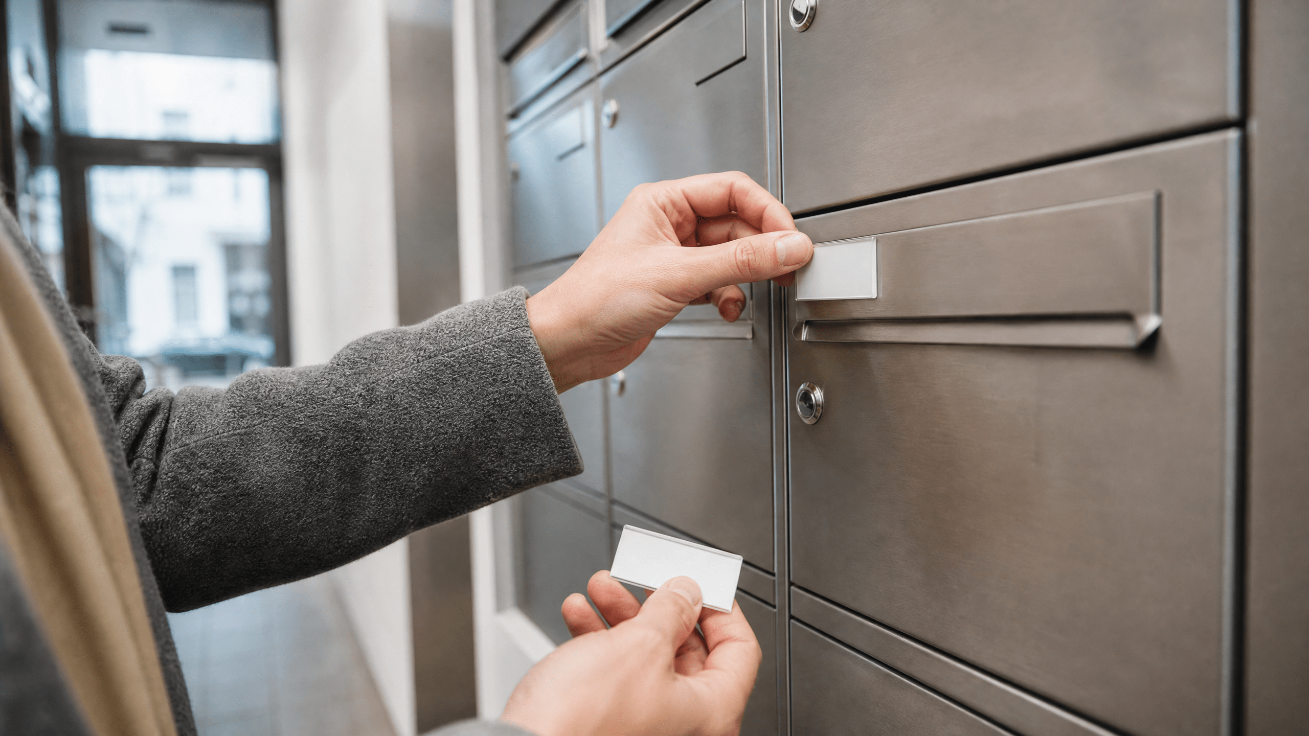 Person erneuert einen neutralen Namenseinleger an einem modernen Briefkasten. Person erneuert einen neutralen Namenseinleger an einem modernen Briefkasten.
