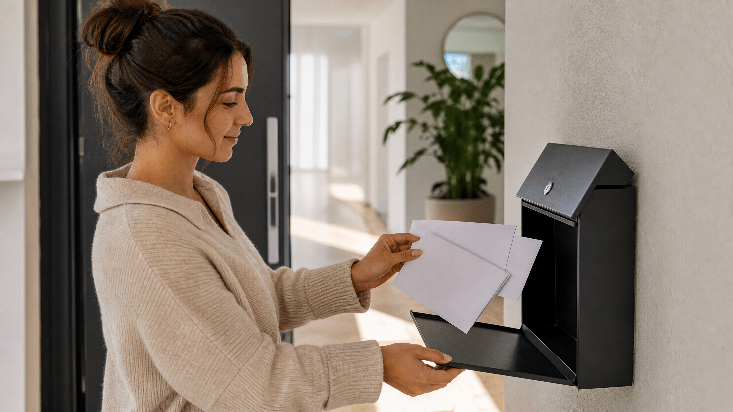 Person entnimmt neutrale Briefe aus einem schlichten Briefkasten im neuen Eingangsbereich. Person entnimmt neutrale Briefe aus einem schlichten Briefkasten im neuen Eingangsbereich.