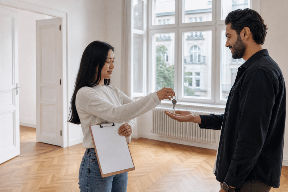 Zwei Erwachsene übergeben Schlüssel und prüfen ein leeres, helles Berliner Apartment mit Klemmbrett.