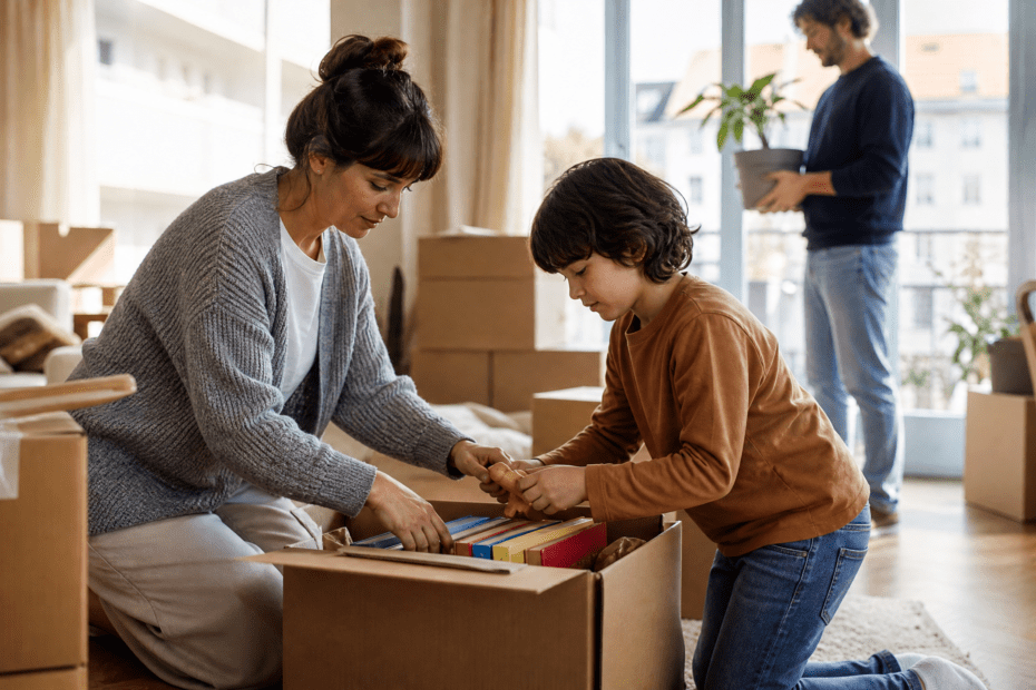 Elternteil und Kind packen Bücher und Spielzeug in einer hellen Berliner Wohnung sorgfältig ein.