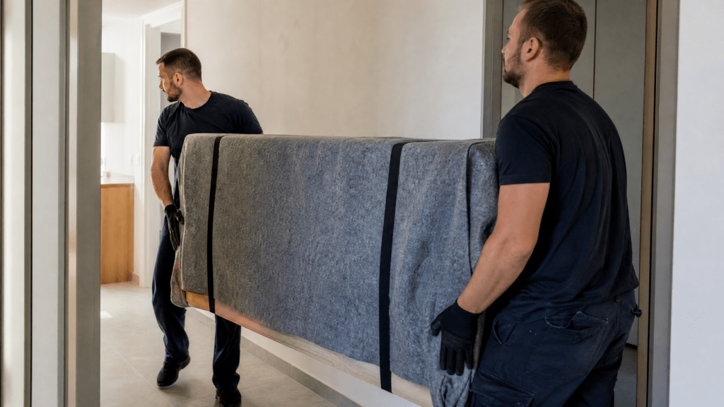 Zwei Umzugshelfer transportieren ein dick gepolstertes Küchenelement durch einen Flur.