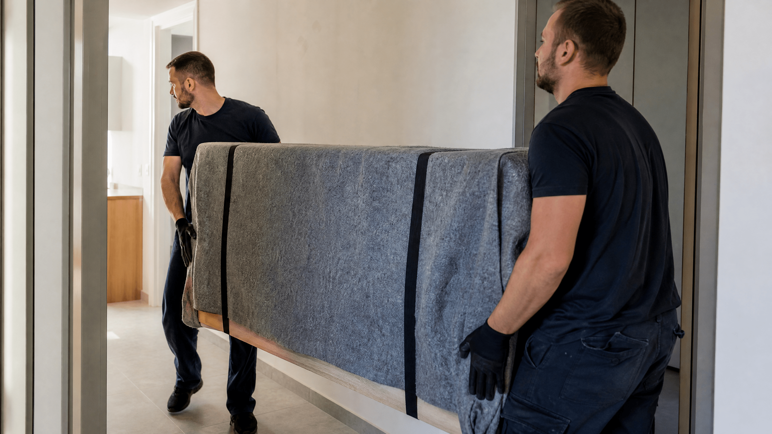 Zwei Umzugshelfer transportieren ein dick gepolstertes Küchenelement durch einen Flur.