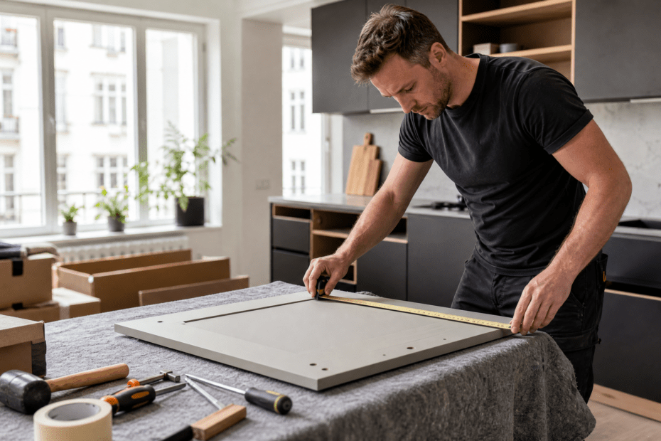Fachkraft vermisst ein Küchenelement auf einer geschützten Arbeitsfläche in einer modernen Küche.