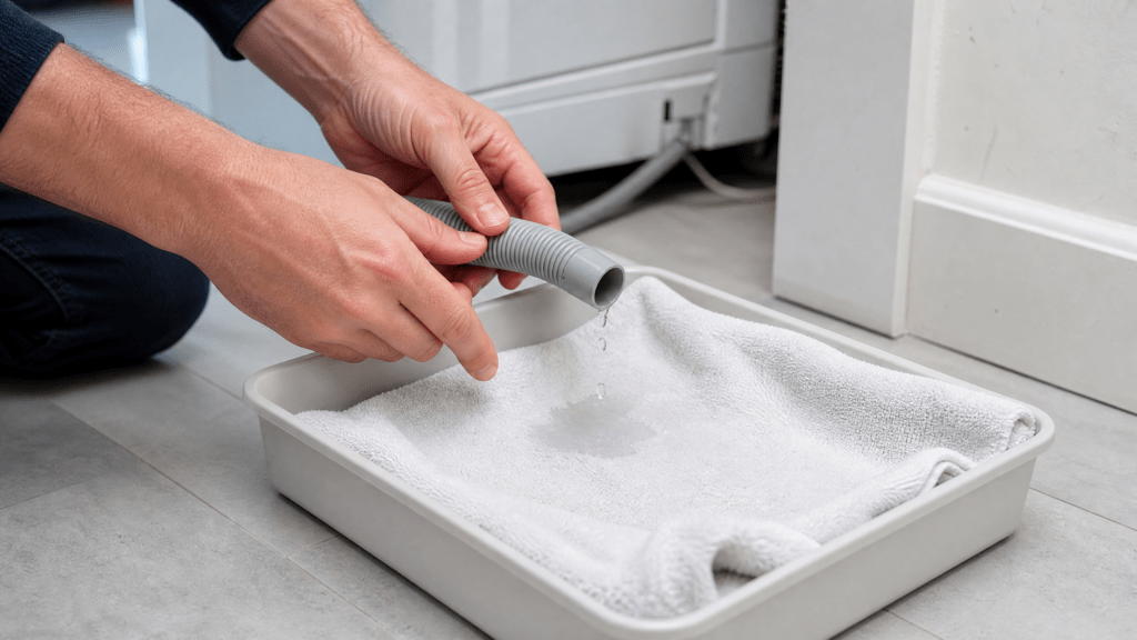 Hände lassen Restwasser aus einem Geräteschlauch kontrolliert in eine flache Schale laufen. Hände lassen Restwasser aus einem Geräteschlauch kontrolliert in eine flache Schale laufen.