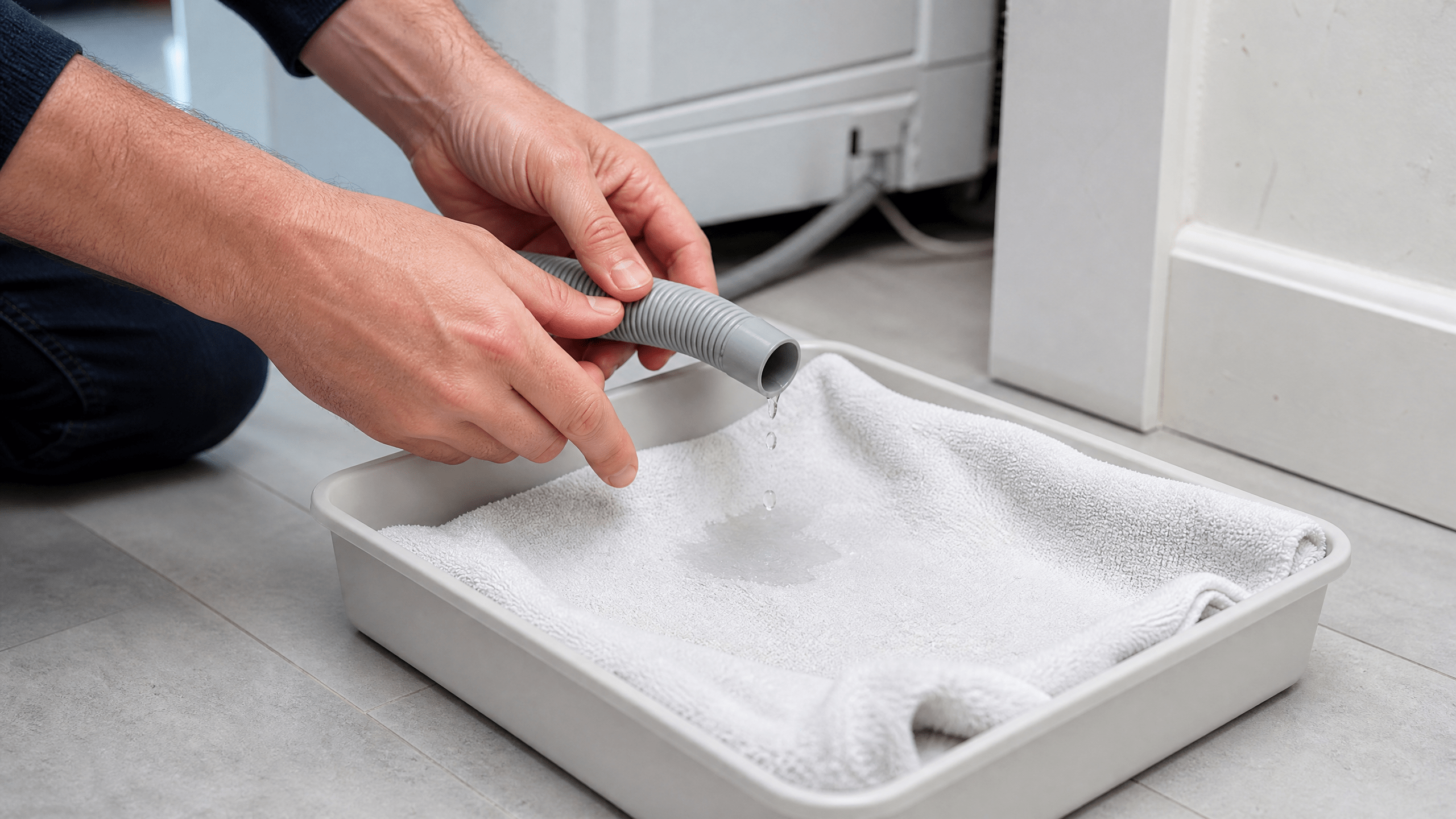 Hände lassen Restwasser aus einem Geräteschlauch kontrolliert in eine flache Schale laufen. Hände lassen Restwasser aus einem Geräteschlauch kontrolliert in eine flache Schale laufen.