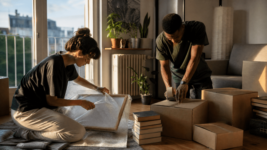 Zwei Erwachsene packen Bücher und Bilder geordnet in stabile Umzugskartons. Zwei Erwachsene packen Bücher und Bilder geordnet in stabile Umzugskartons.